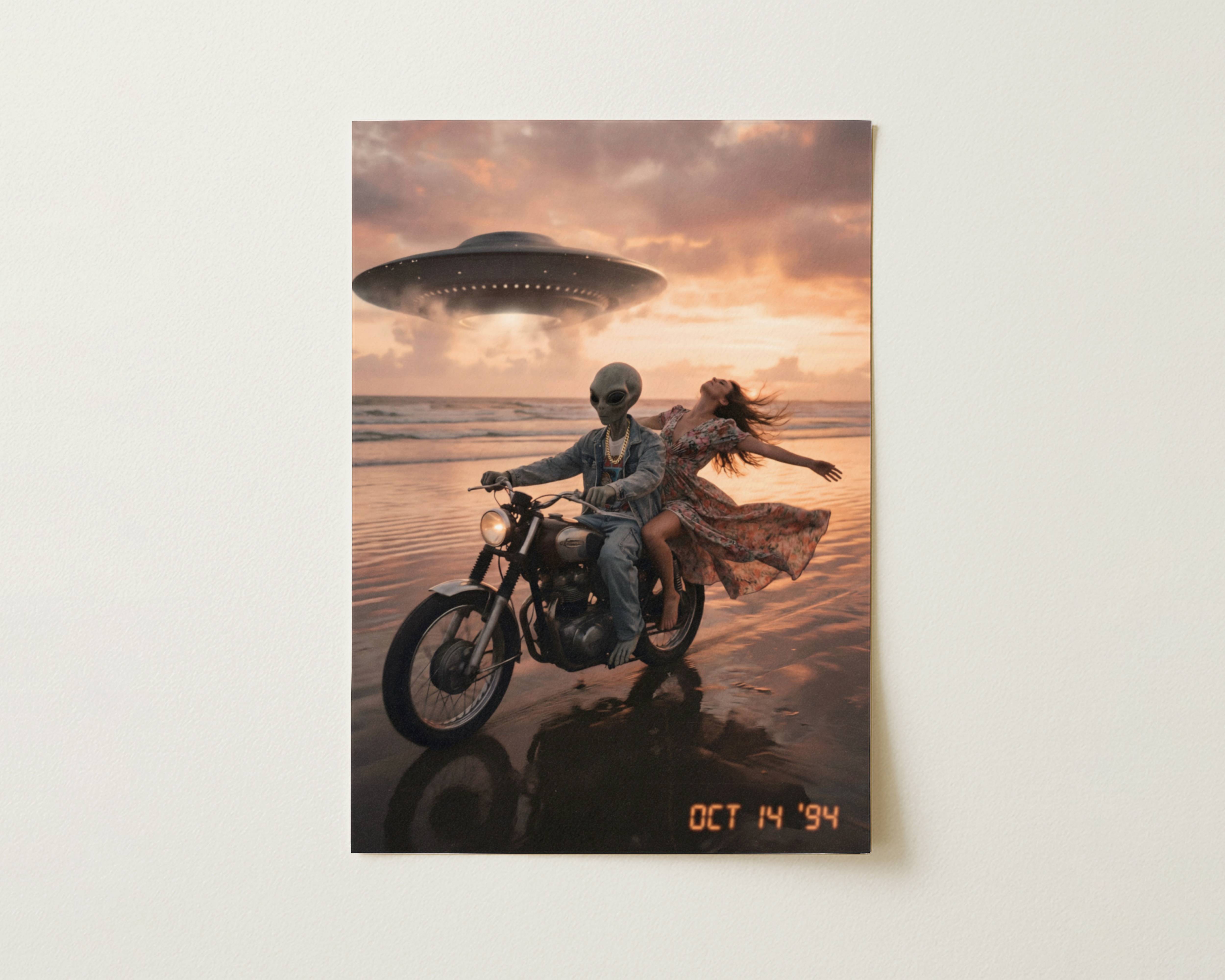 Flat print warm sunset retro artwork of a grey alien riding a vintage motorbike along a wet beach with a woman in a floral dress and a UFO hovering in golden evening clouds – high quality unframed flat poster print, ufoposter.com