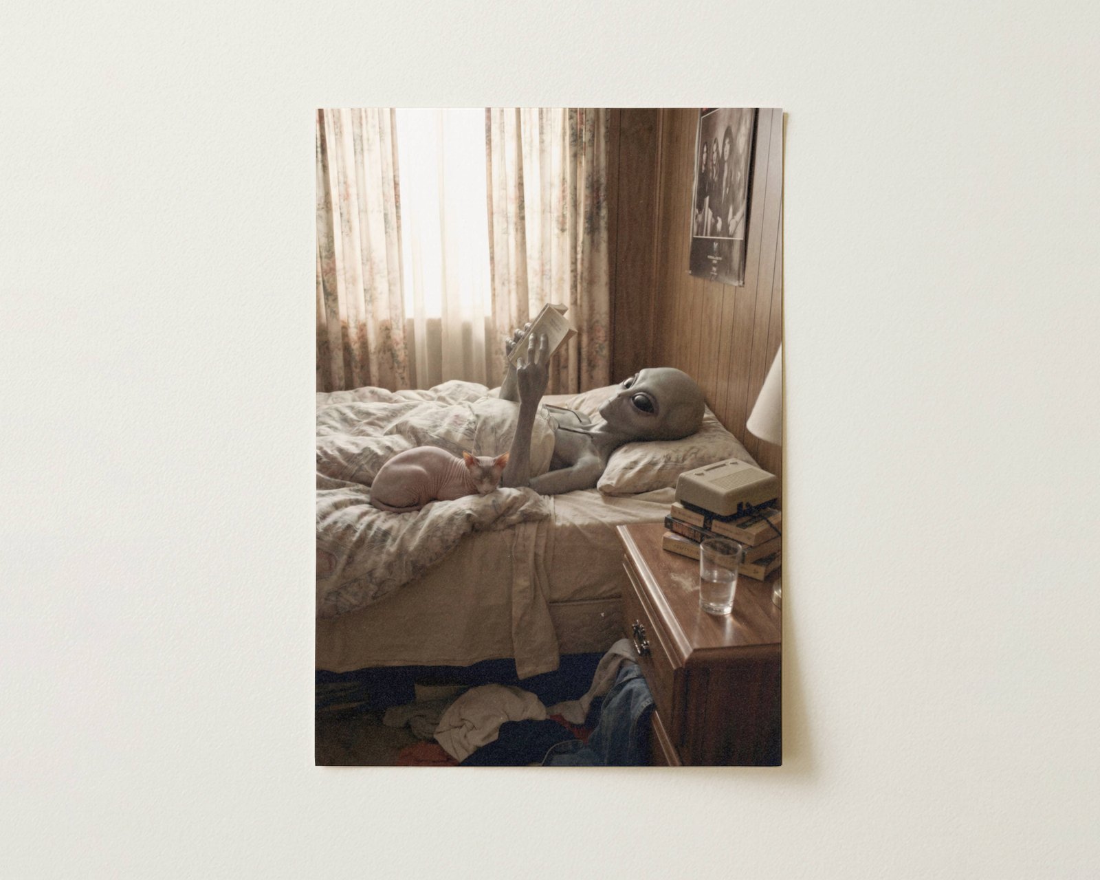 Flat print warm retro artwork of a grey alien reading a book on an unmade bed with a sphynx cat, VHS tapes on the nightstand and floral curtains glowing in soft afternoon light – high quality unframed flat poster print, ufoposter.com