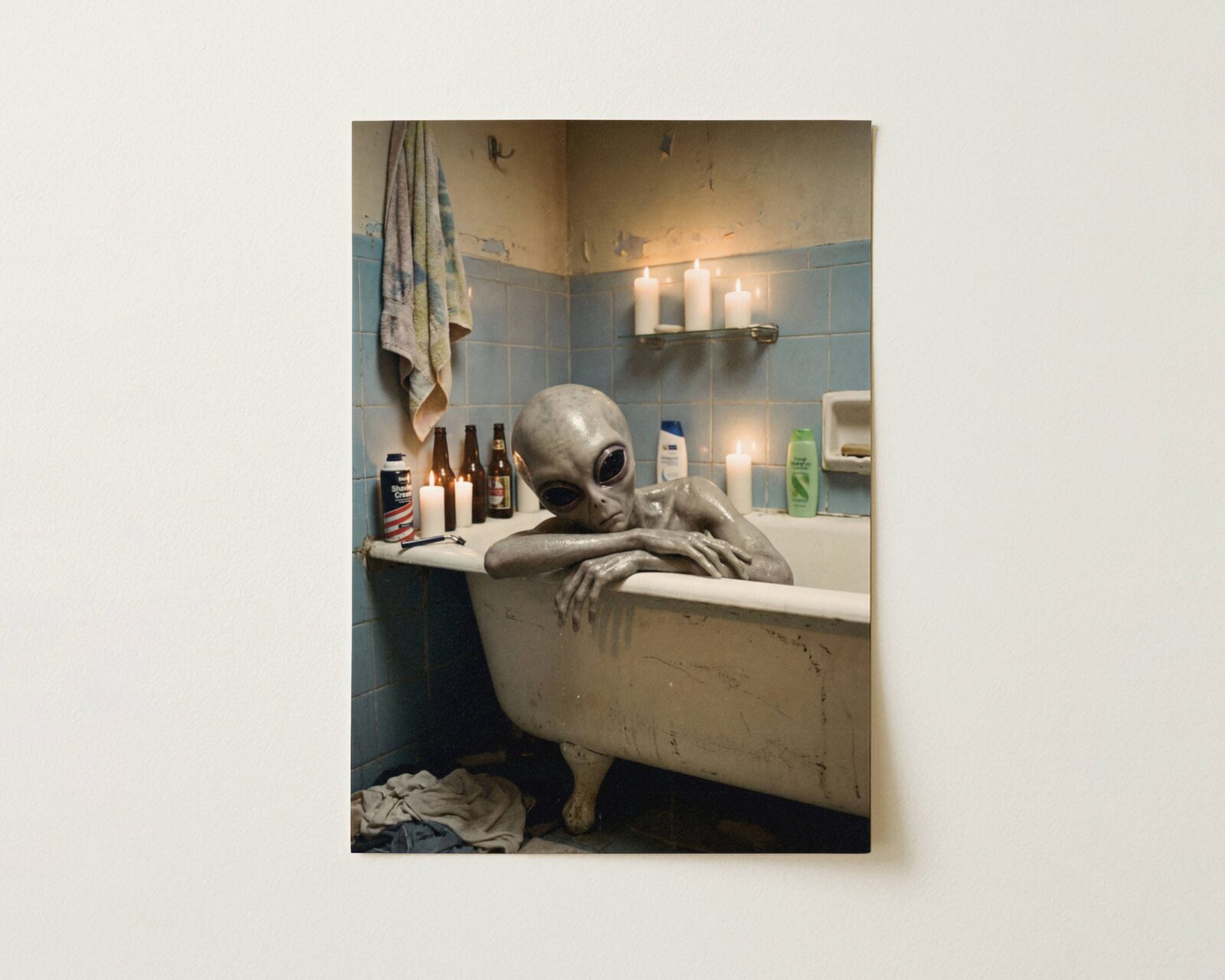 Flat print candlelit retro artwork of a grey alien in a battered clawfoot bathtub surrounded by beer bottles, candles and shampoo in a worn tiled bathroom – high quality unframed flat poster print, ufoposter.com