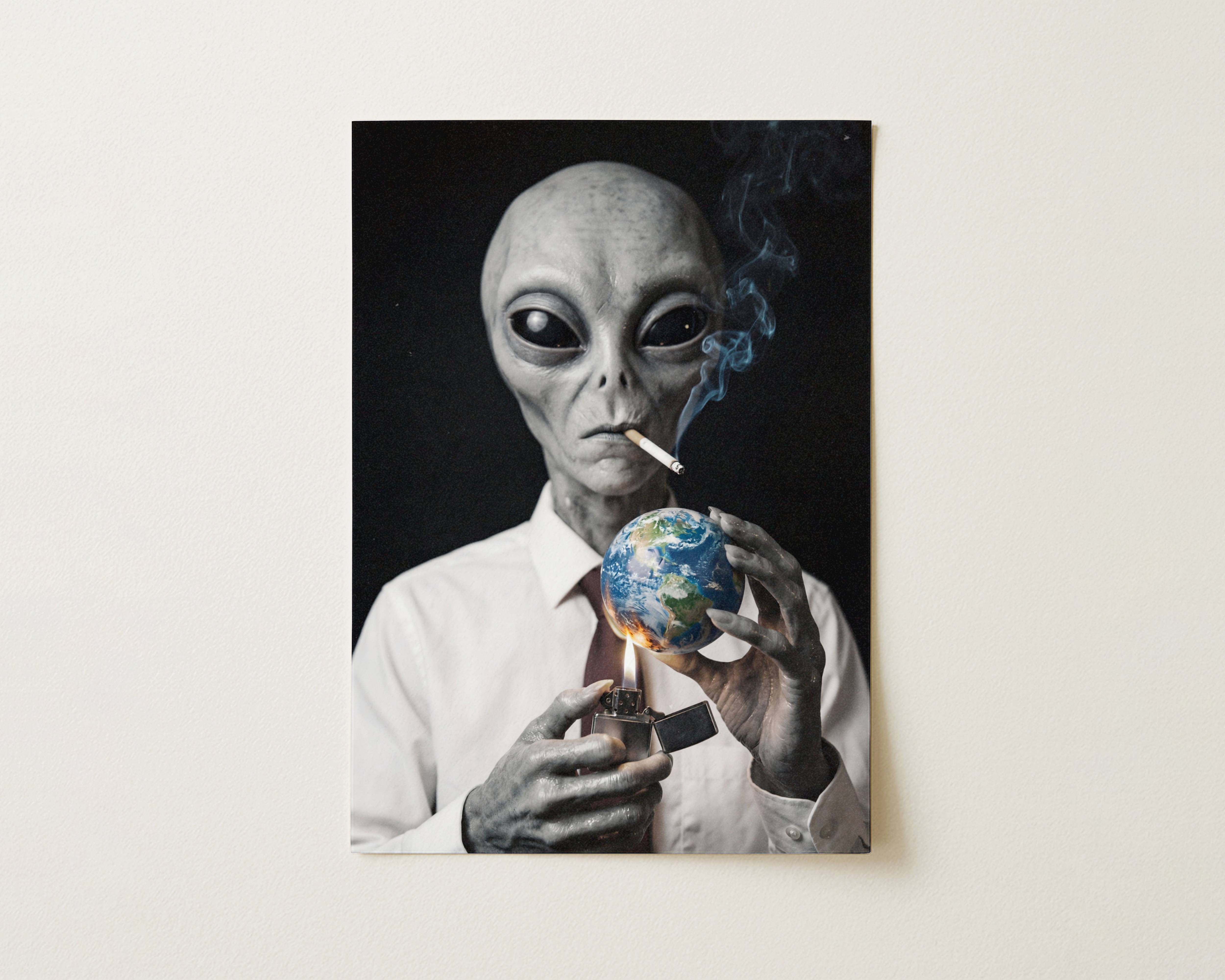 Flat print dark portrait of a grey alien in formal attire smoking a cigarette while igniting a globe-shaped Earth with a lighter – high quality unframed flat poster print, ufoposter.com