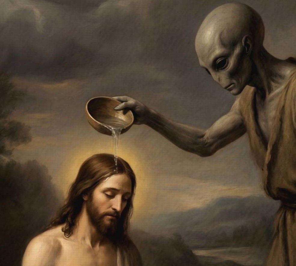 Close-up of a Renaissance-style painting depicting the Baptism of Christ performed by a grey extraterrestrial being – a tall gaunt grey alien pours water over Jesus standing in a river whilst a glowing white dove hovers above and two flying saucers loom in the dark stormy sky, ancient alien theory meets biblical iconography