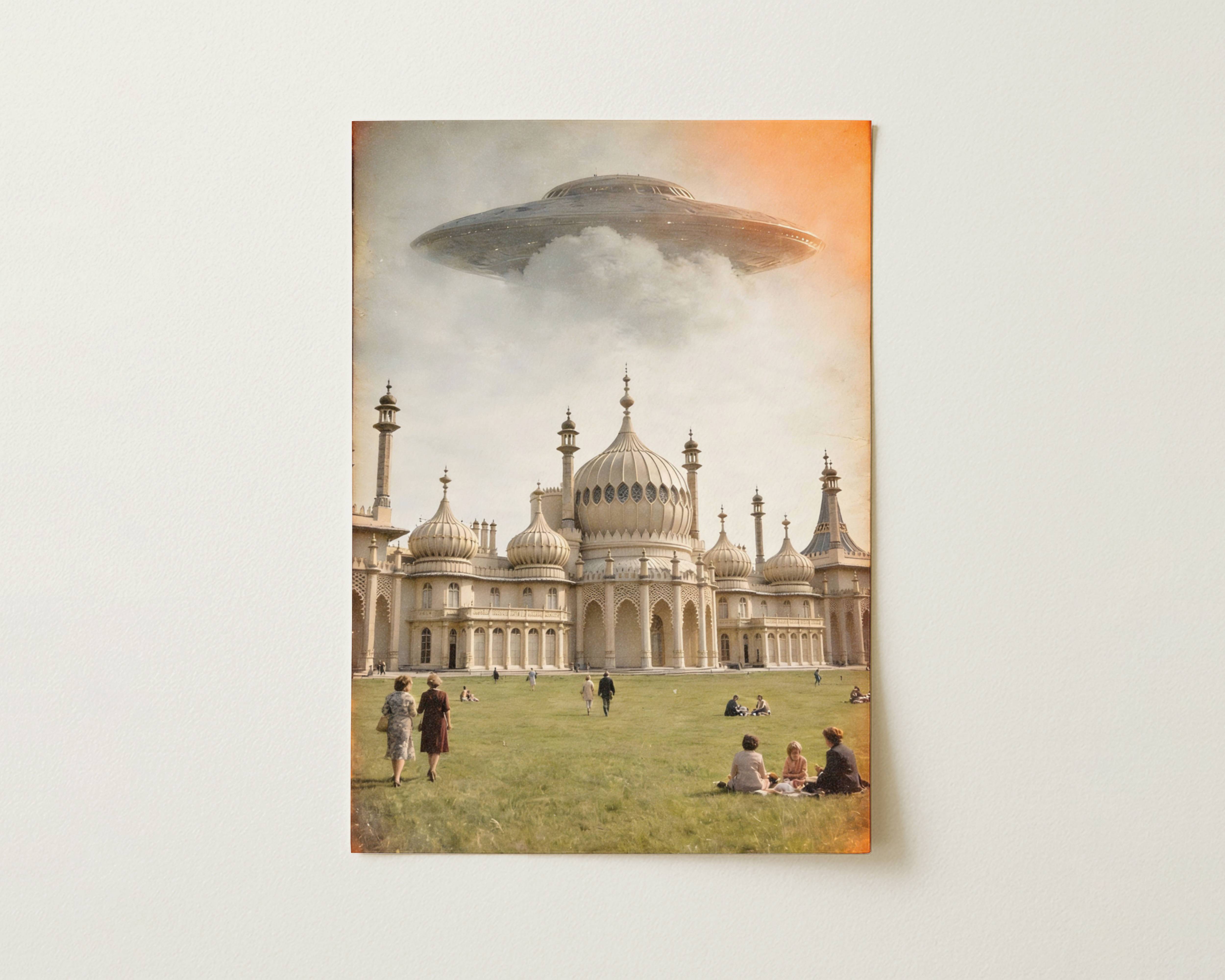Flat print warm vintage artwork of a giant UFO hovering above the Brighton Royal Pavilion in hazy golden skies with visitors strolling and picnicking on the lawns below – high quality unframed flat poster print, ufoposter.com