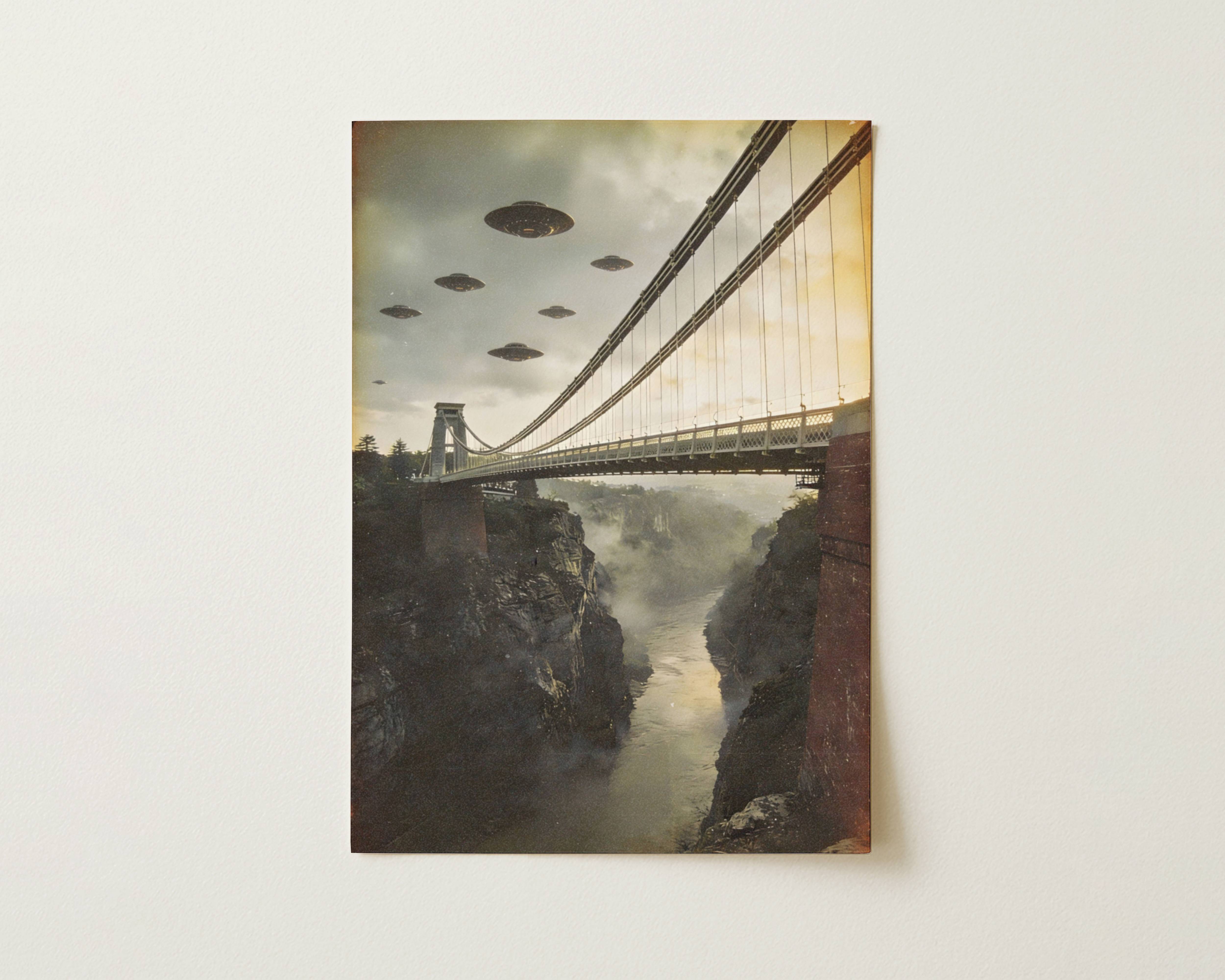 Flat print warm vintage artwork of a fleet of UFOs above the Clifton Suspension Bridge and misty Avon Gorge in Bristol under dramatic golden stormy skies – high quality unframed flat poster print, ufoposter.com