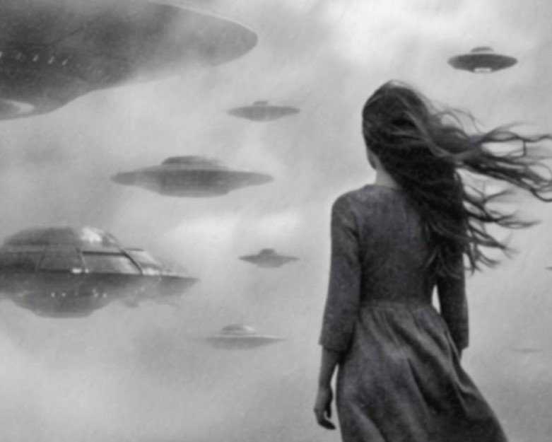 Close-up detail of a black and white art print showing a woman with long windswept hair standing with her back to the viewer, facing a fleet of UFO spacecraft hovering in a misty sky. Fine art giclée print with dramatic cinematic atmosphere.