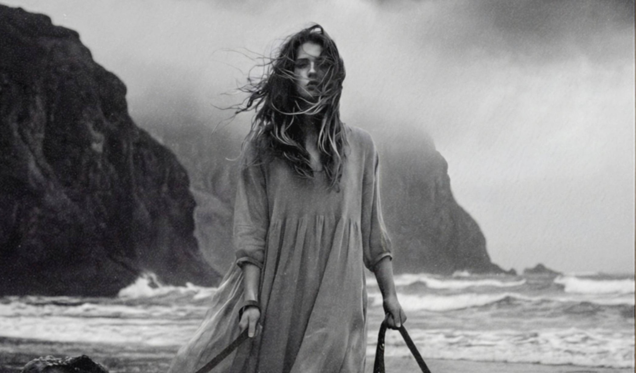 Close-up detail of a black and white art print showing a woman with long windswept hair covering her face, wearing a flowing dress on a dramatic coastal beach with dark rocky cliffs and stormy skies behind her.