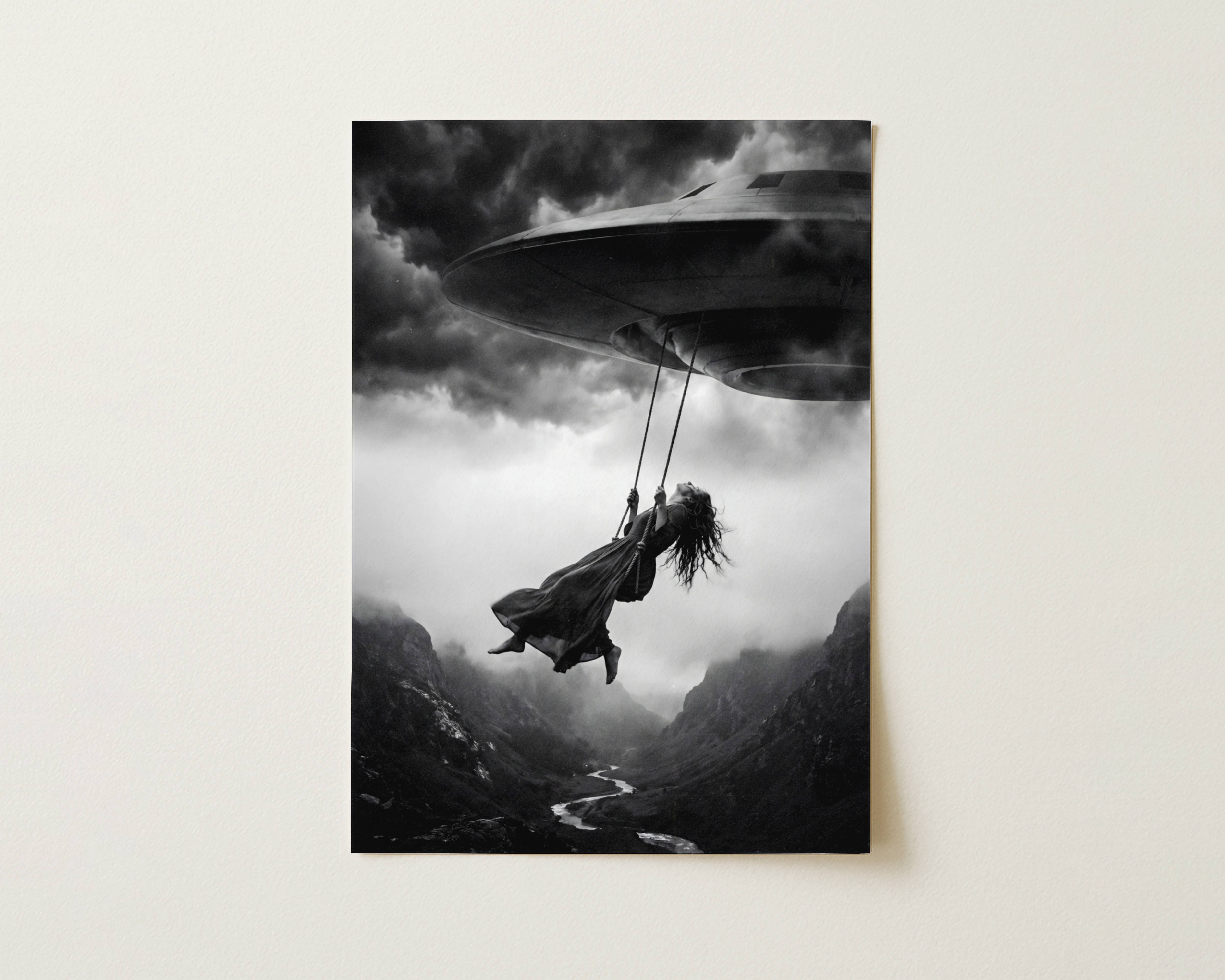 Black and white fine art print photographed flat as a sheet of paper, showing a woman on a rope swing hanging from a UFO hovering above a misty mountain valley with dark storm clouds overhead. The flat lay highlights the rich tonal contrast and fine detail of this surreal cinematic art poster.