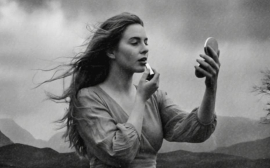 Close-up detail of a black and white art print showing a barefoot woman in a dress seated on a floating surface, holding a mirror and applying lipstick with calm composure as a massive UFO spacecraft descends through dark storm clouds above a wild landscape.