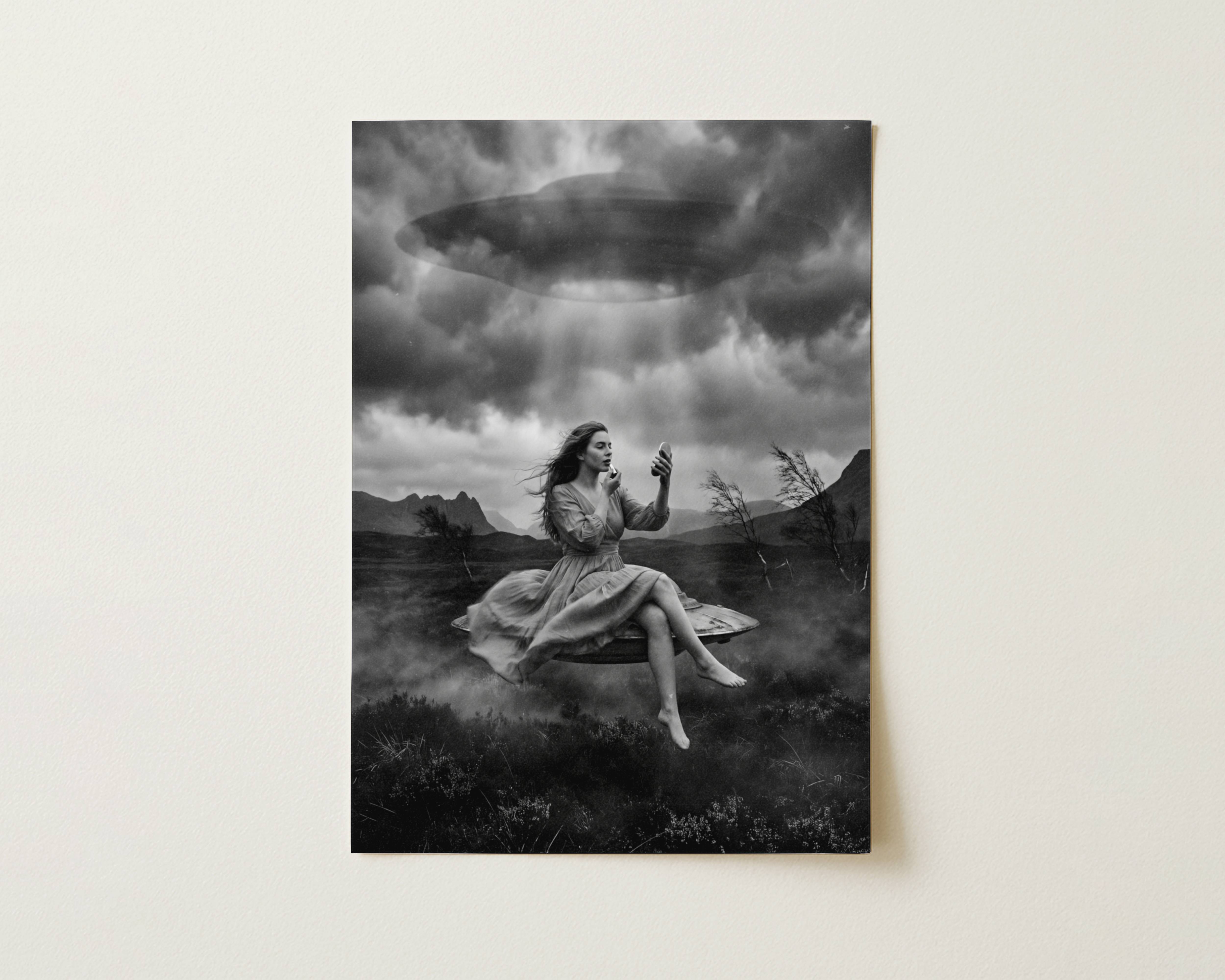 Black and white fine art print photographed flat as a sheet of paper, showing a woman floating above a moody moorland landscape on a levitating platform, applying makeup with a compact mirror while a UFO looms in the stormy clouds above her. The flat lay highlights the rich tonal contrast and fine detail of this surreal cinematic art poster.
