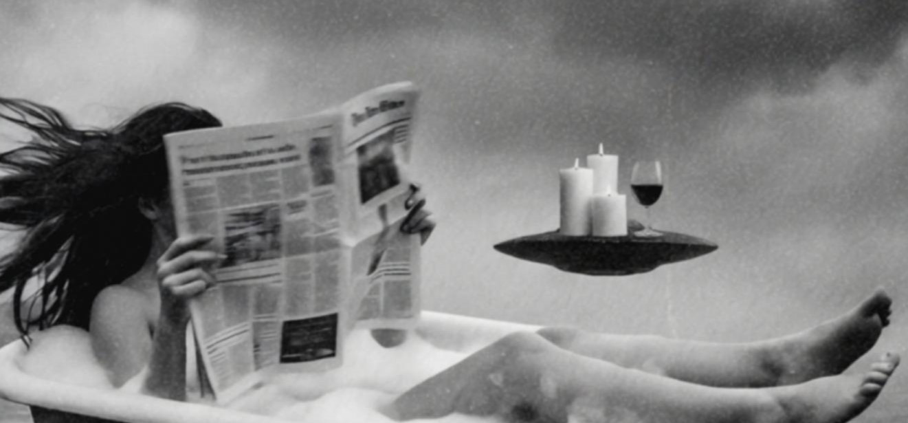 Close-up detail of a black and white art print showing a woman with windswept hair reclining in a clawfoot bathtub on a rocky cliff edge, absorbed in her newspaper while a massive UFO breaks through storm clouds above and a small hovering saucer carries candles and wine beside her.