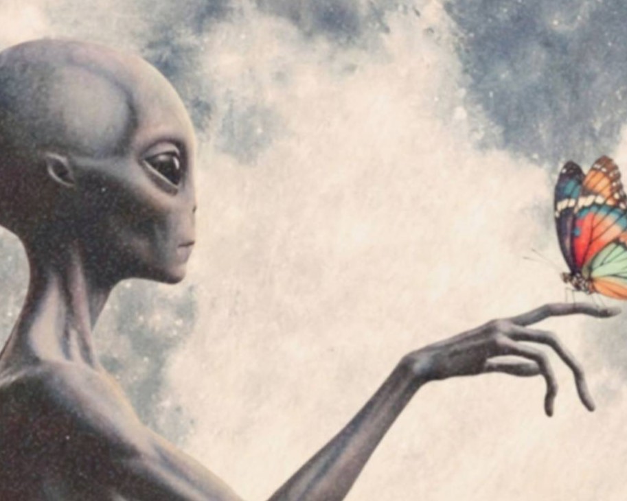 Intimate dreamy retro close-up of a grey alien's outstretched hand with a vivid colourful butterfly balanced on one long finger, red poppies and a luminous full moon glowing softly in the background — a beautifully detailed alien art print – unframed retro alien portrait poster, ufoposter.com