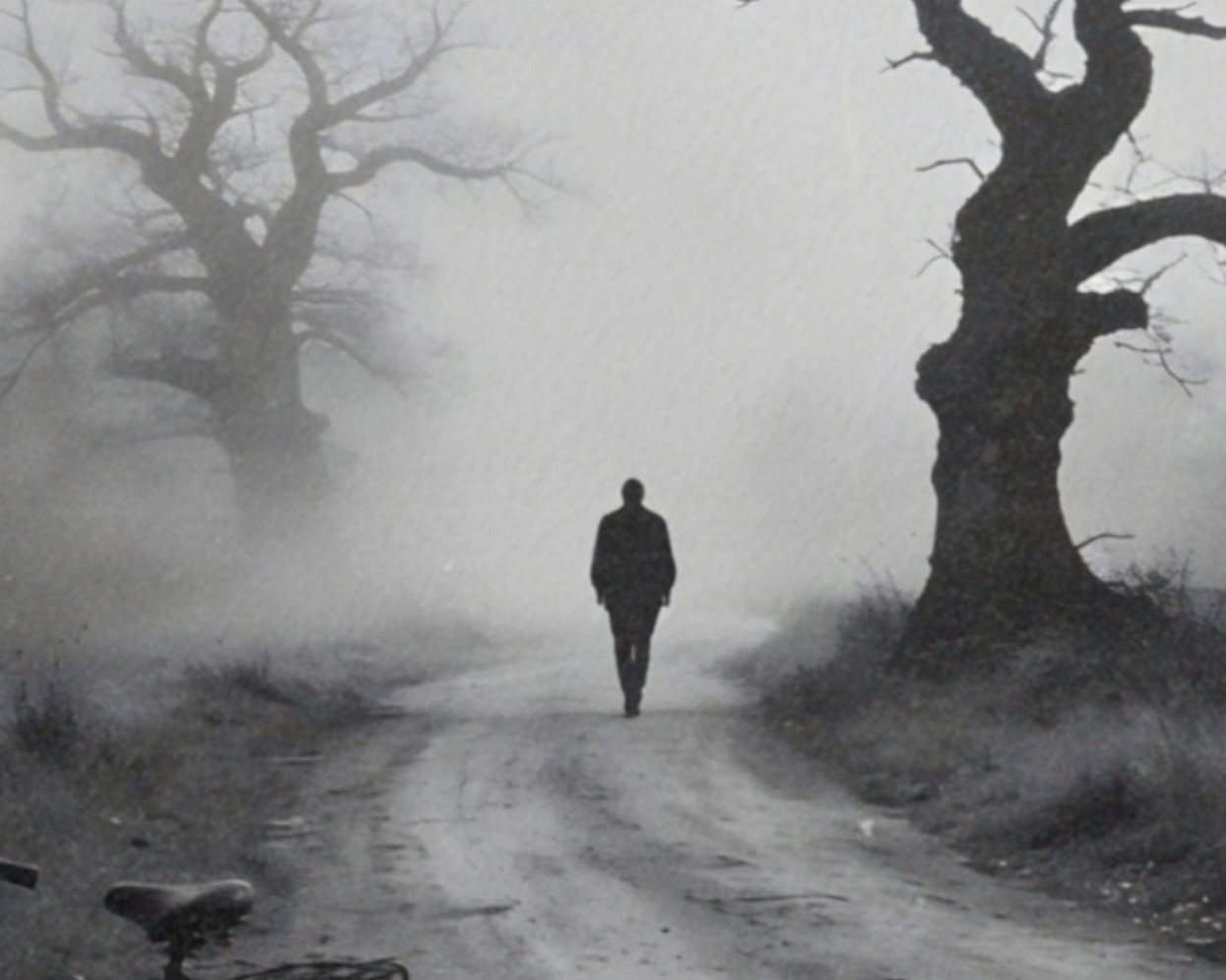 Intense black and white close-up of an abandoned bicycle on a misty dirt road with a lone silhouette walking toward a massive UFO hovering through dense fog and bare branches – unframed dark alien portrait poster, ufoposter.com