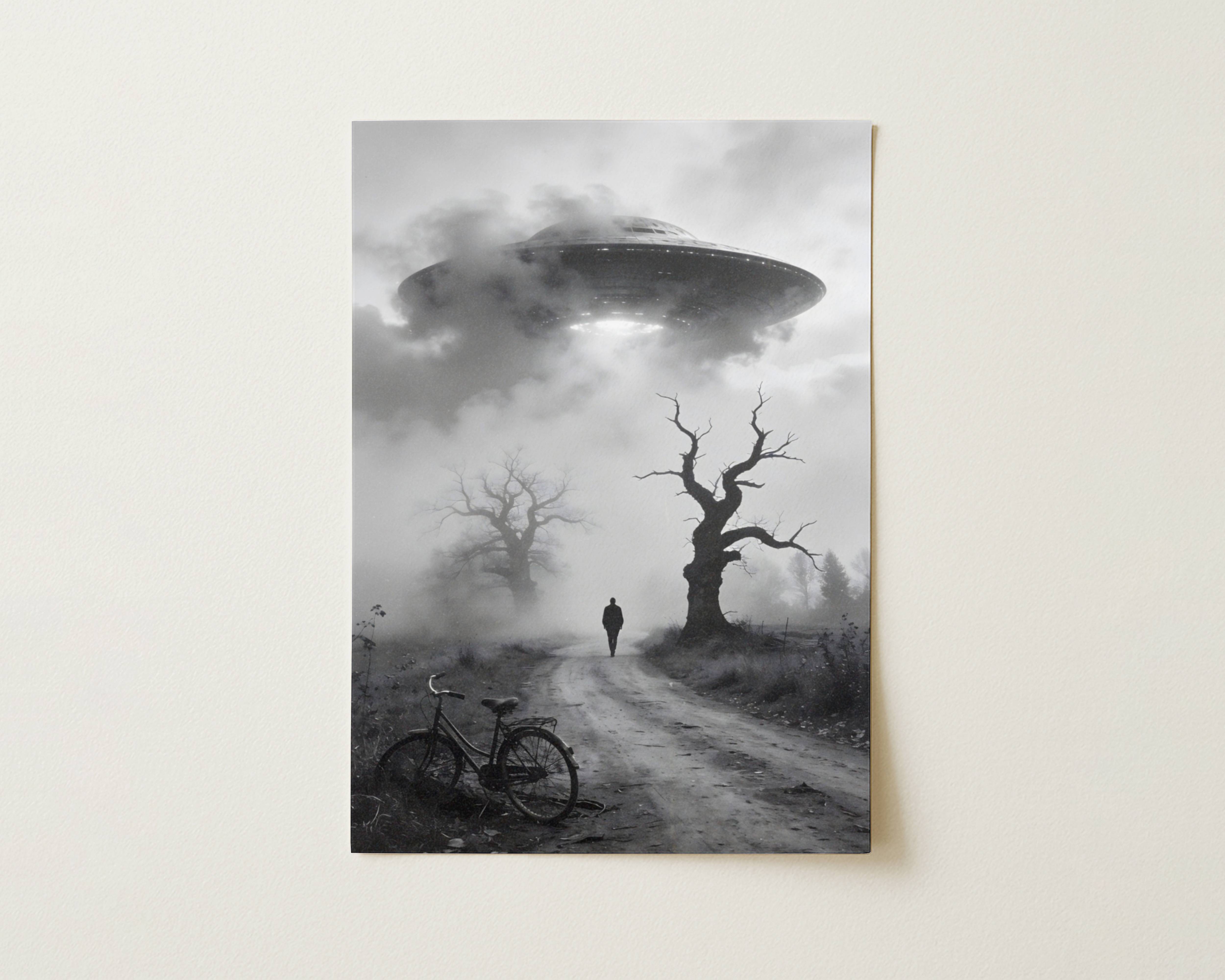 Flat print black and white artwork of a solitary figure on a misty rural road walking toward a hovering UFO surrounded by dead trees and thick fog – high quality unframed flat poster print, ufoposter.com