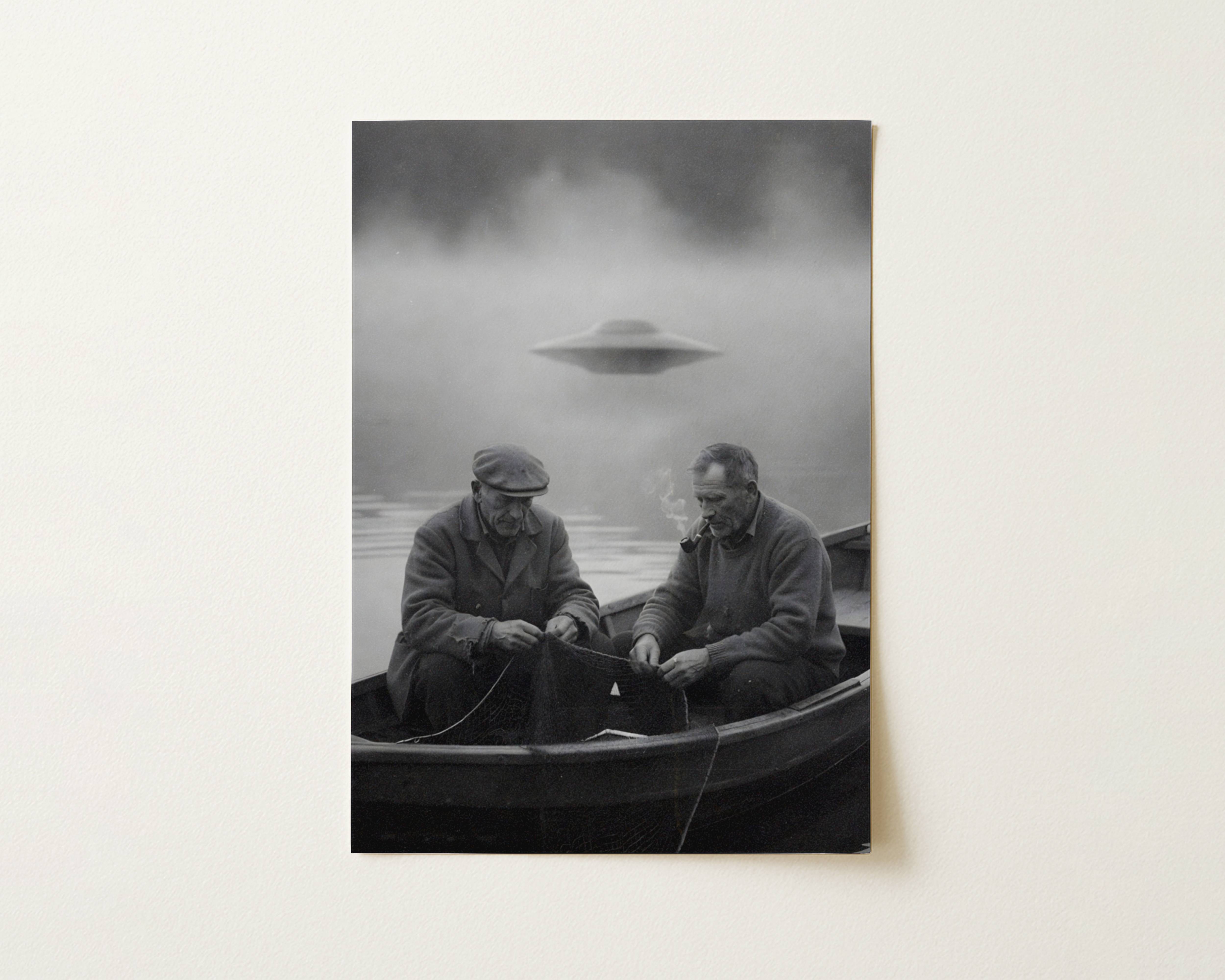 Flat print vintage black and white artwork of two fishermen in a boat mending nets with a large UFO silently appearing from the fog behind them – high quality unframed flat poster print, ufoposter.com