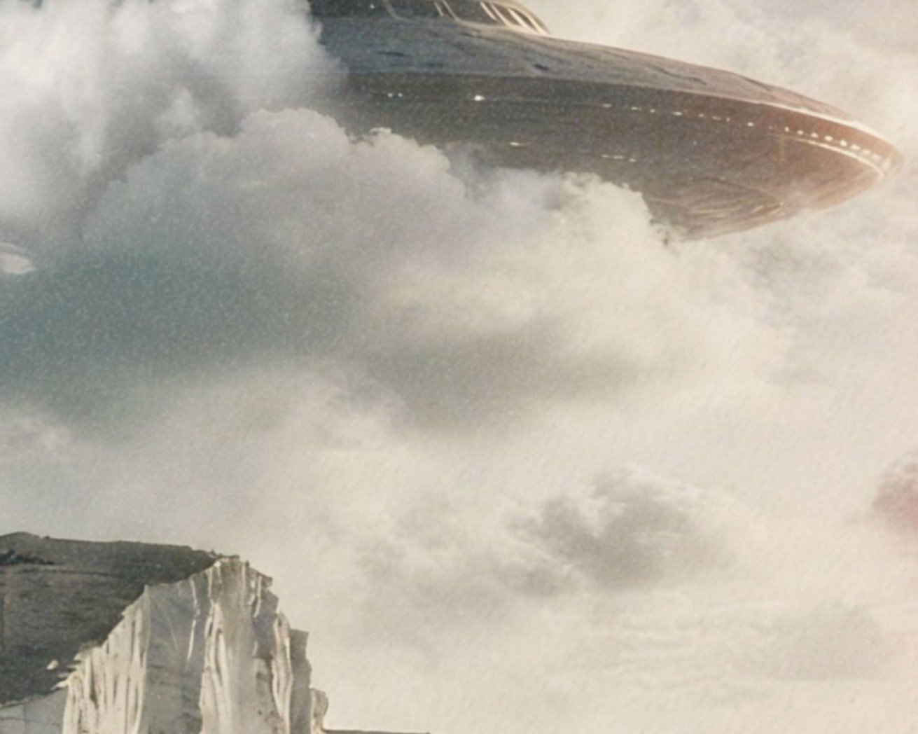 Intense warm-toned close-up of a massive UFO emerging from dramatic clouds directly above the iconic white chalk faces of the Seven Sisters cliffs on the English south coast – unframed retro alien portrait poster, ufoposter.com