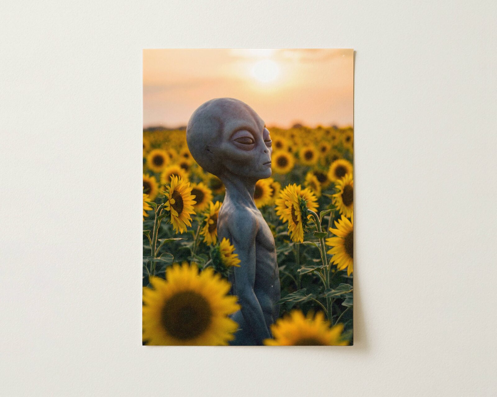 Flat print warm golden retro artwork of a grey alien standing serenely in a sunflower field at sunset, surrounded by vibrant yellow blooms beneath a glowing peach sky – high quality unframed flat poster print, ufoposter.com