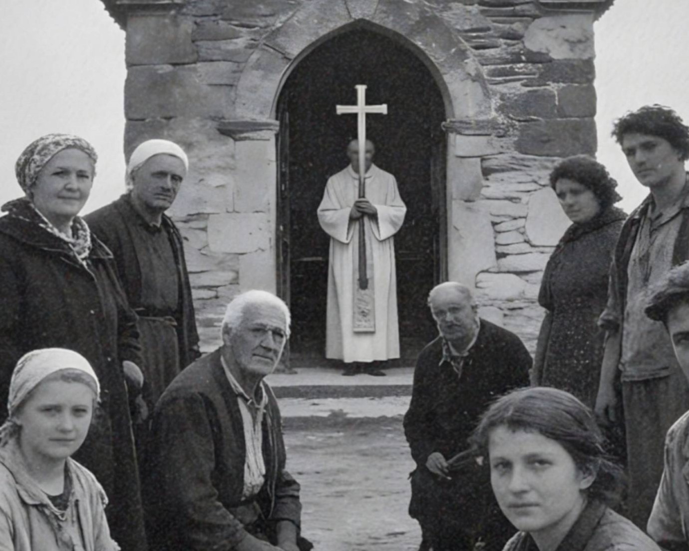 Intense vintage-style close-up of solemn rural faces gathered outside a stone chapel beneath a looming UFO casting a divine beam of light in an overcast sky – unframed dark alien portrait poster, ufoposter.com