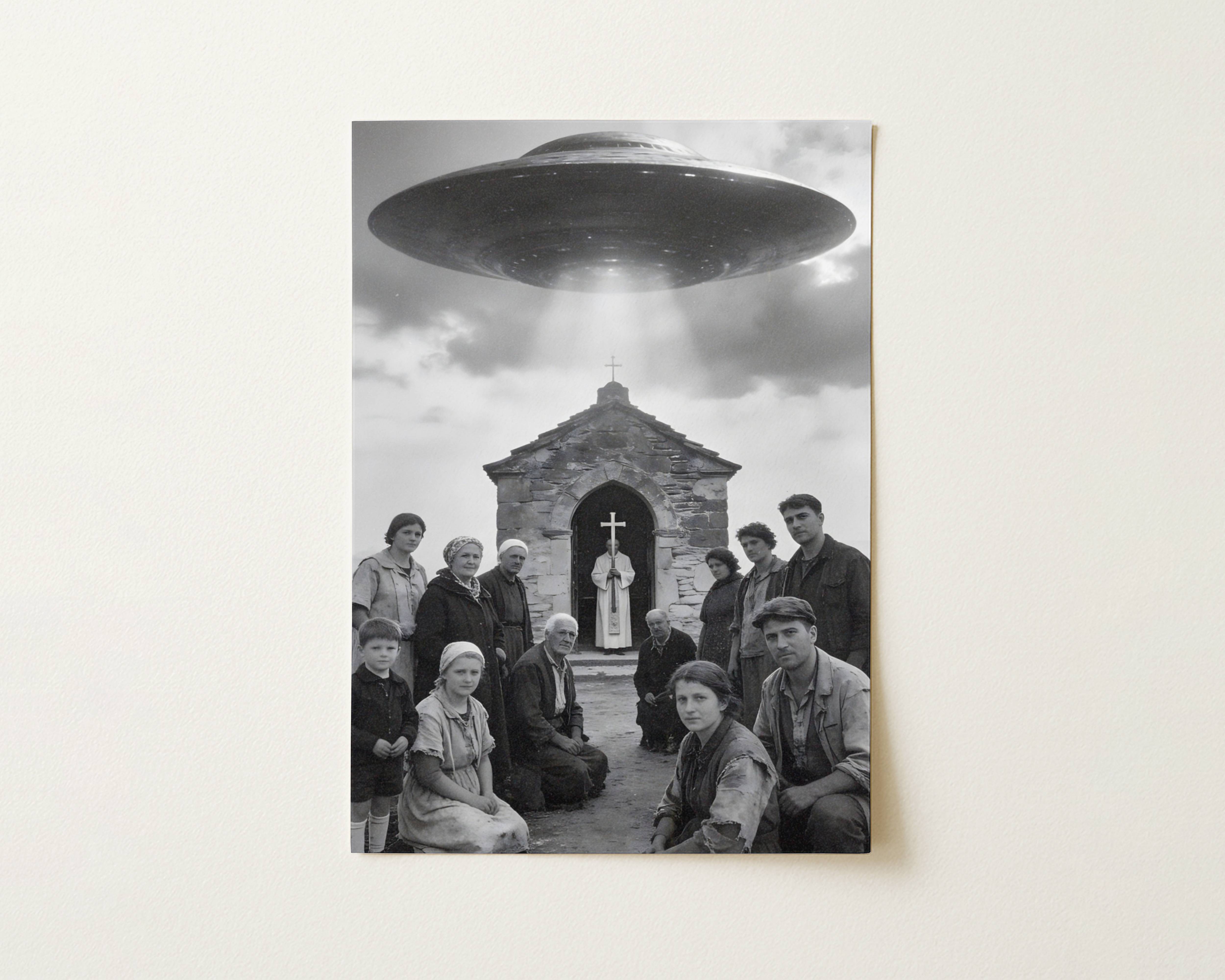 Flat print vintage black and white artwork of villagers and a priest gathered outside a rural chapel beneath a hovering UFO in dramatic storm clouds – high quality unframed flat poster print, ufoposter.com