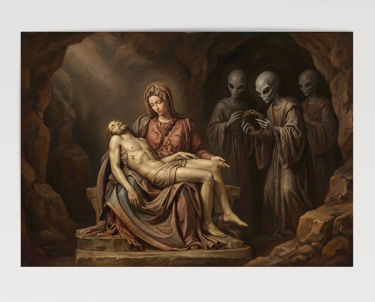 Ancient aliens Renaissance art poster – surrealist reinterpretation of the Pietà featuring three grey extraterrestrial humanoids in robes alongside the Virgin Mary and Christ, UFO culture meets classical religious iconography, dark cave setting