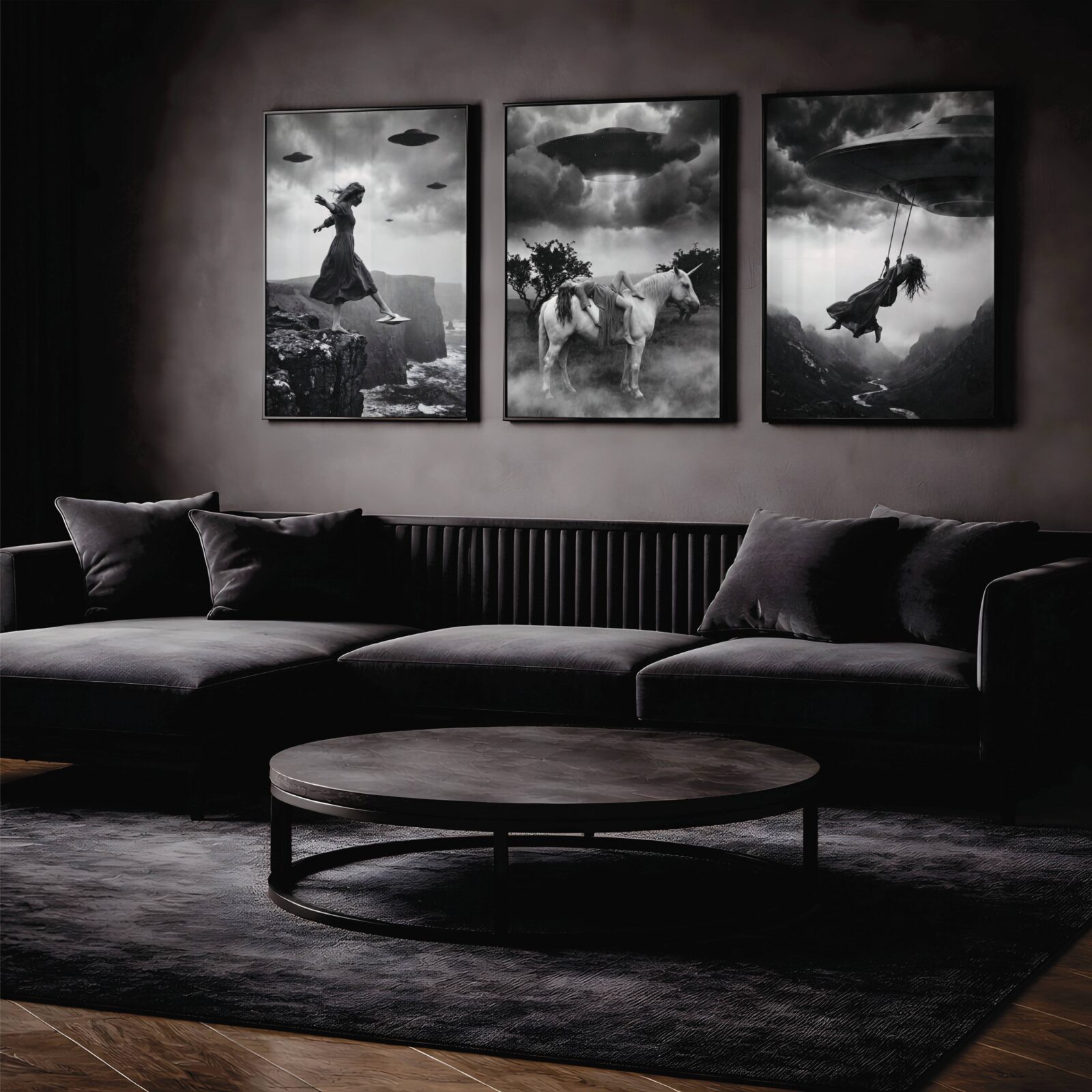 Dark black and white poster set depicting dramatic UFO abduction scenes – a woman levitating in a beam of light, another swinging from a spacecraft over a mountain valley, and a barefoot figure being lifted through a foggy wilderness under stormy skies – unframed dark sci-fi poster set, ufoposter.com