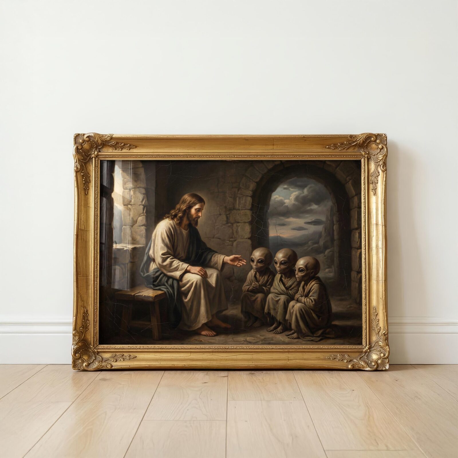 Surreal religious art print — Jesus teaching alien children in intimate stone setting with UFO in sky