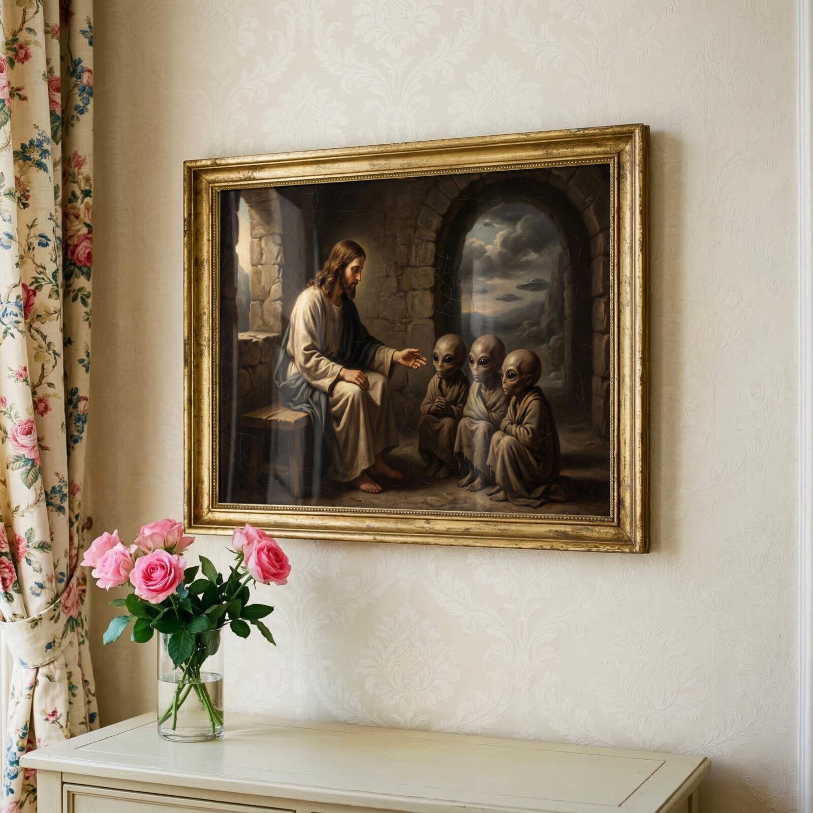 Biblical UFO wall art — Old Master style Jesus reaching out to three small extraterrestrial figures