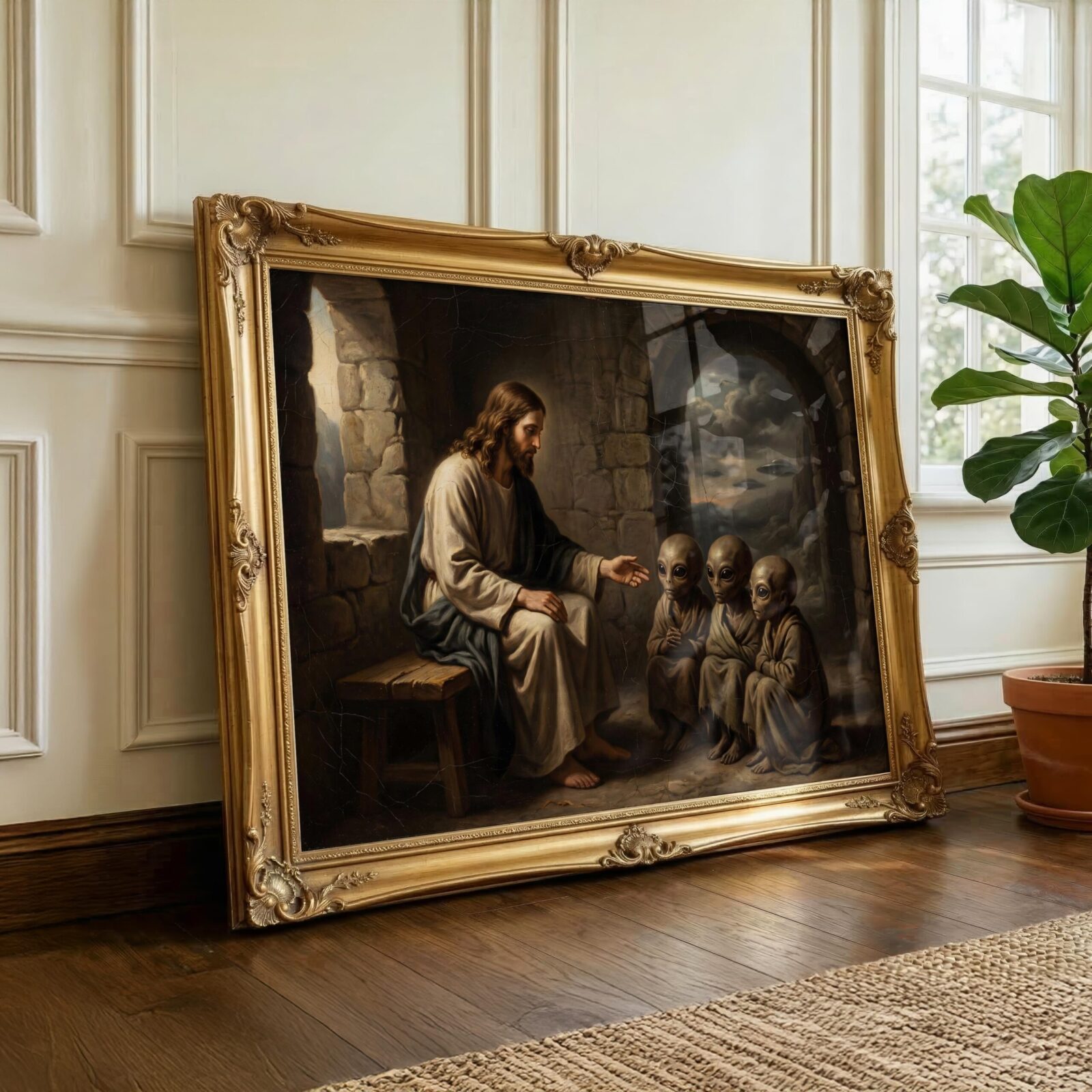 Dark renaissance art print — Christ teaching three young aliens in stone room with UFO through archway