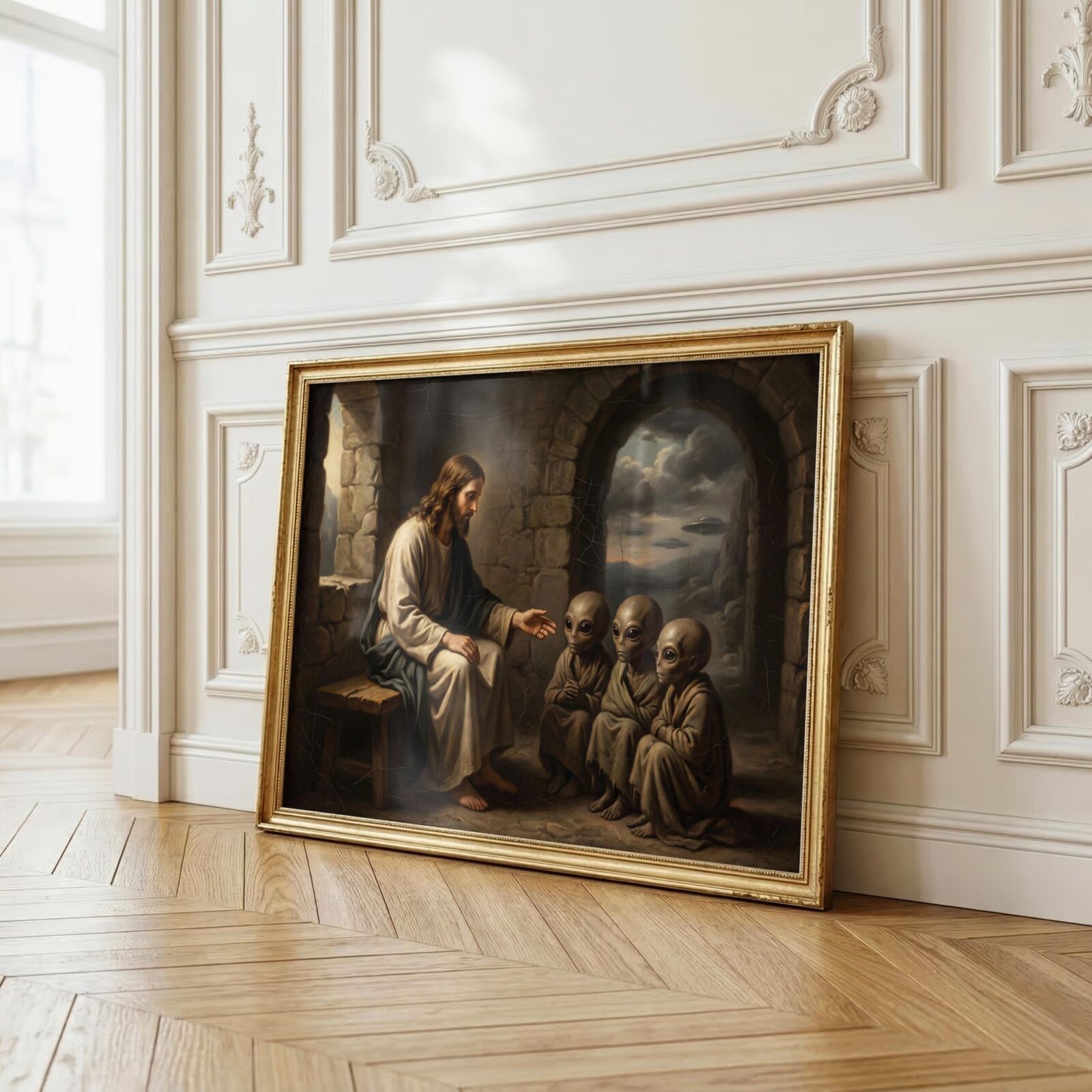 Jesus teaching biblical UFO art print — dark renaissance painting with three small alien figures and UFO