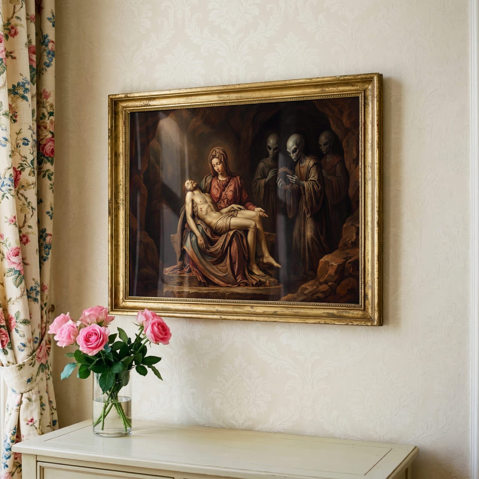 Dark renaissance art print — Pietà scene with three alien figures and crown of thorns