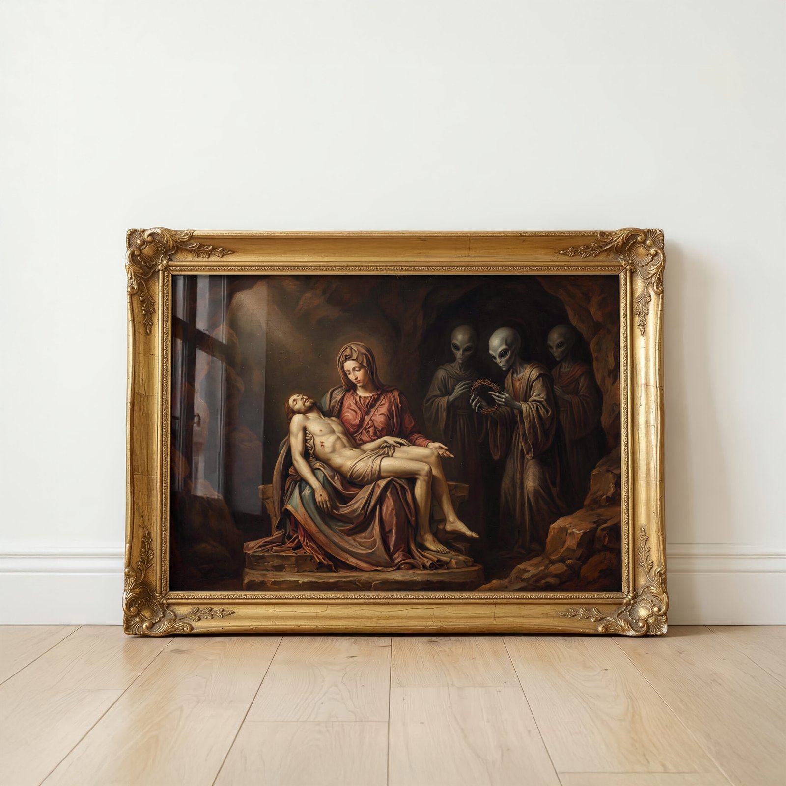 Pietà biblical UFO art print — dark renaissance painting with alien witnesses