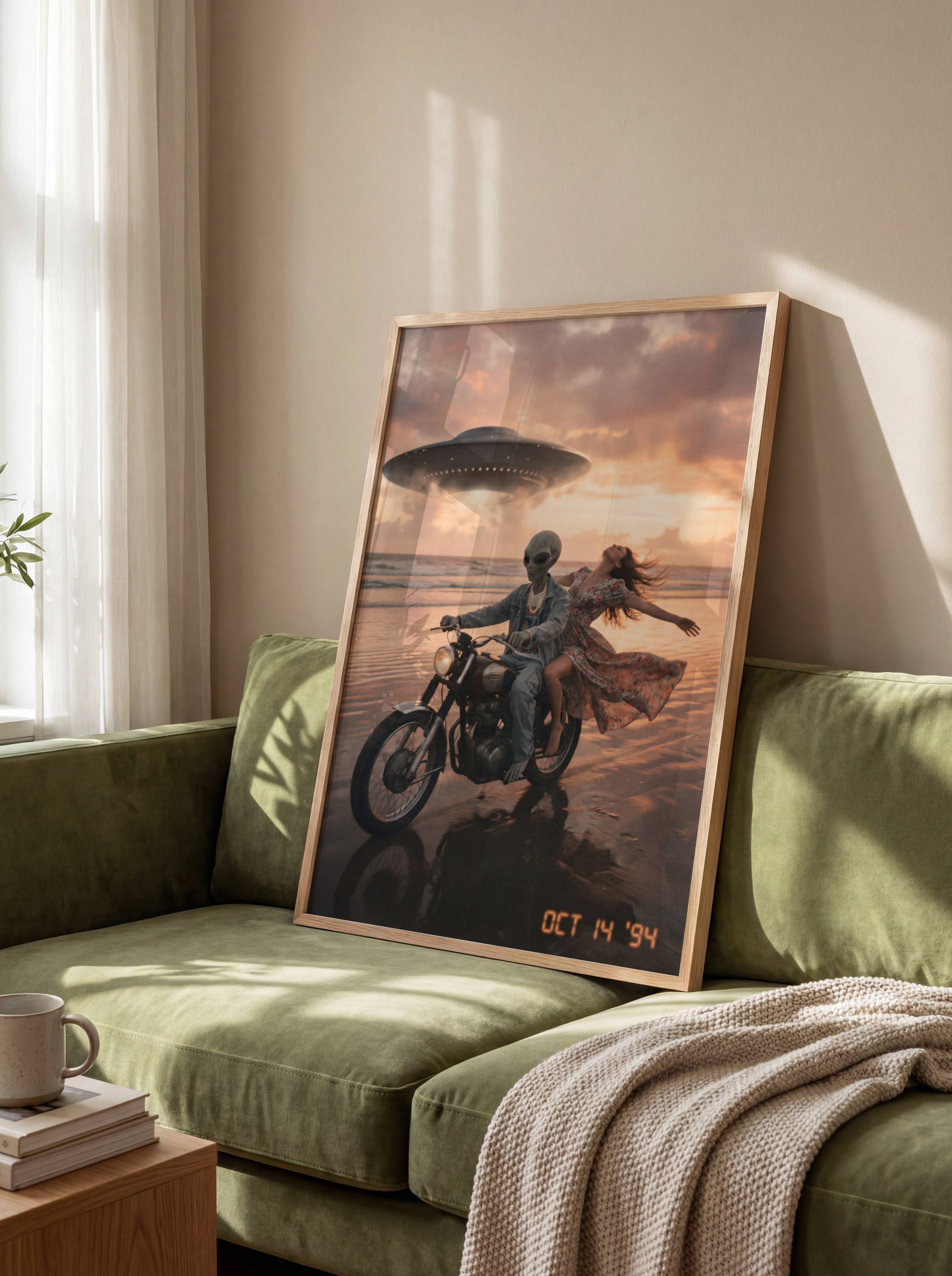 Cinematic retro artwork of a grey alien biker and a carefree woman in a floral dress riding a vintage motorcycle along a glowing sunset beach with a hovering UFO and an OCT 94 date stamp – unframed sci-fi art poster, ufoposter.com