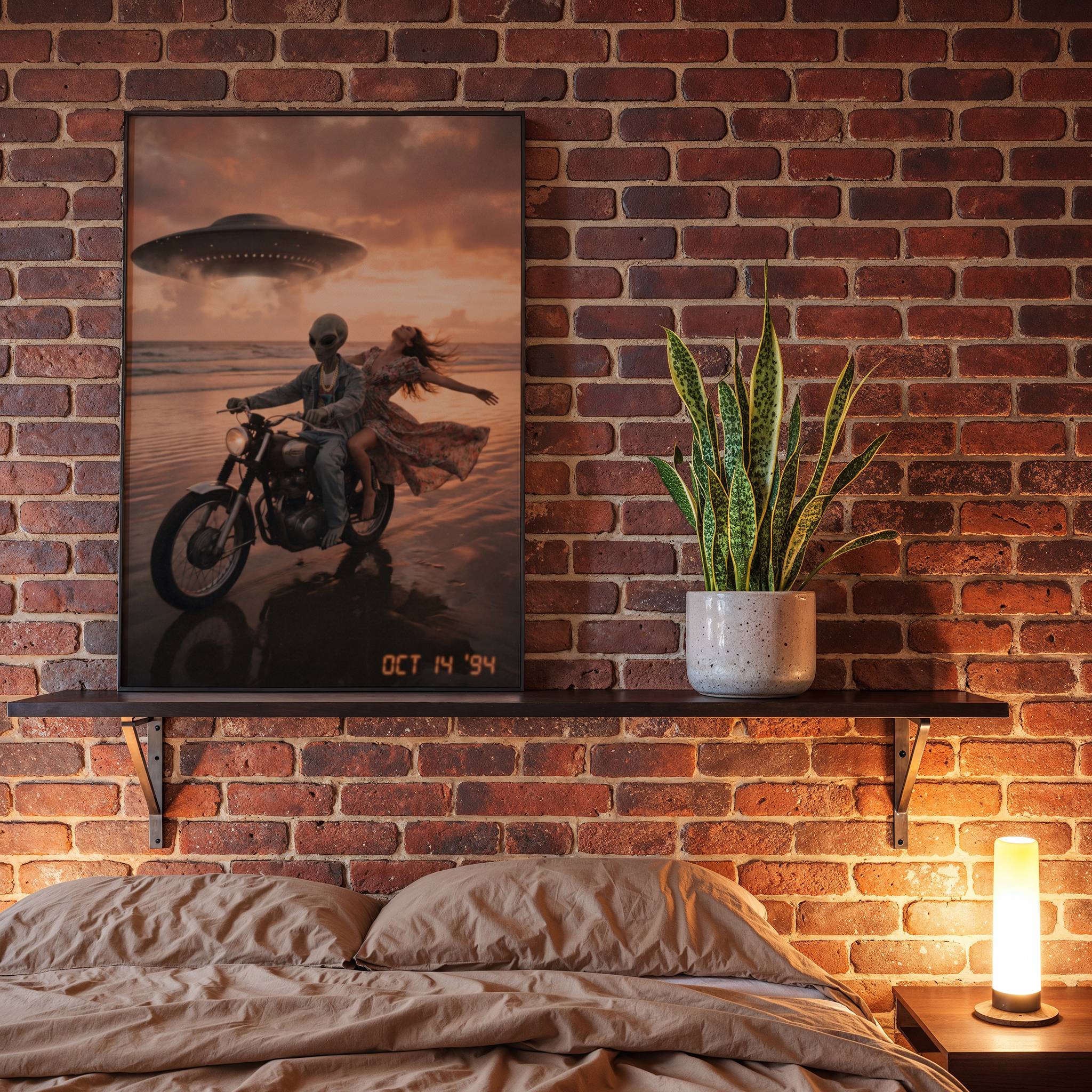 Warm cinematic retro artwork of a grey alien and a carefree woman riding a vintage motorbike across a sunset beach with a UFO overhead – a joyful and atmospheric sci-fi art print perfect for bedroom decor – unframed alien beach poster for bedroom, ufoposter.com