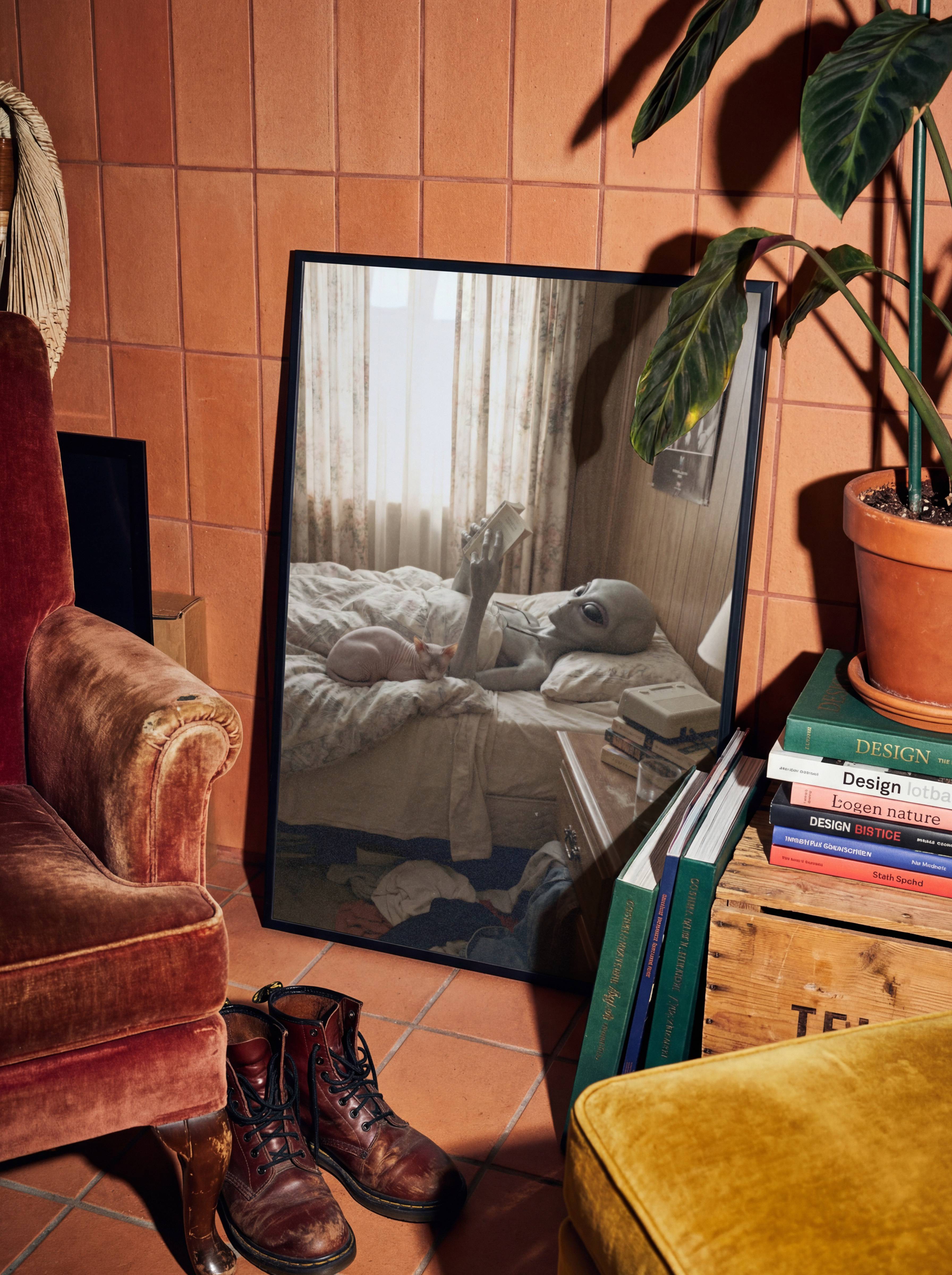 Warmly atmospheric retro artwork of a grey alien stretched across an unmade bed in a cosy wood-panelled room, reading a book with a sphynx cat curled beside him and a stack of VHS tapes on the nightstand — a single word title because sometimes that is all that needs to be said – unframed funny alien wall poster, ufoposter.com