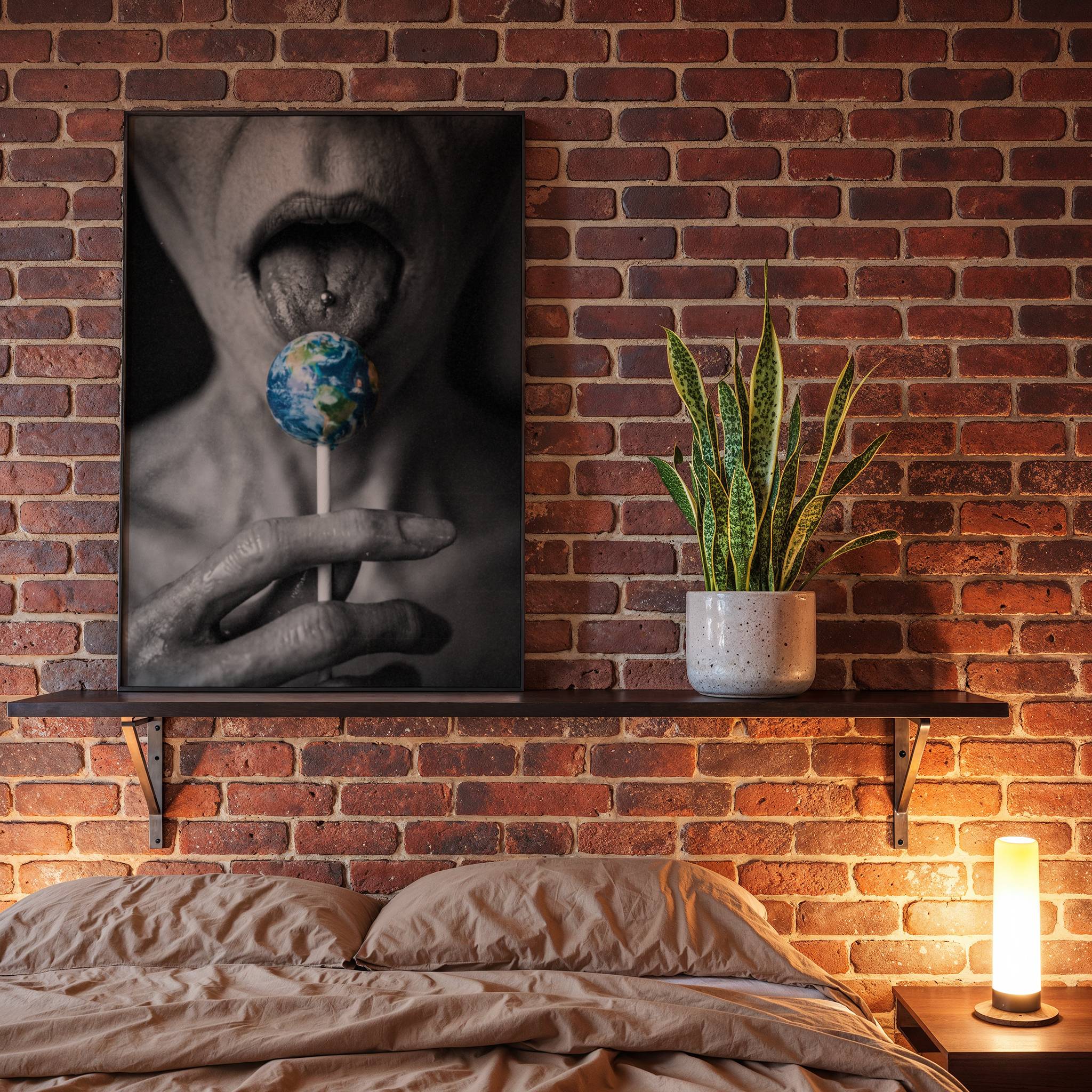 Haunting monochrome portrait of a grey alien with a pierced tongue licking a globe-shaped lollipop, a bold commentary on alien conquest rendered in dark cinematic style – unframed dark sci-fi art poster, ufoposter.com