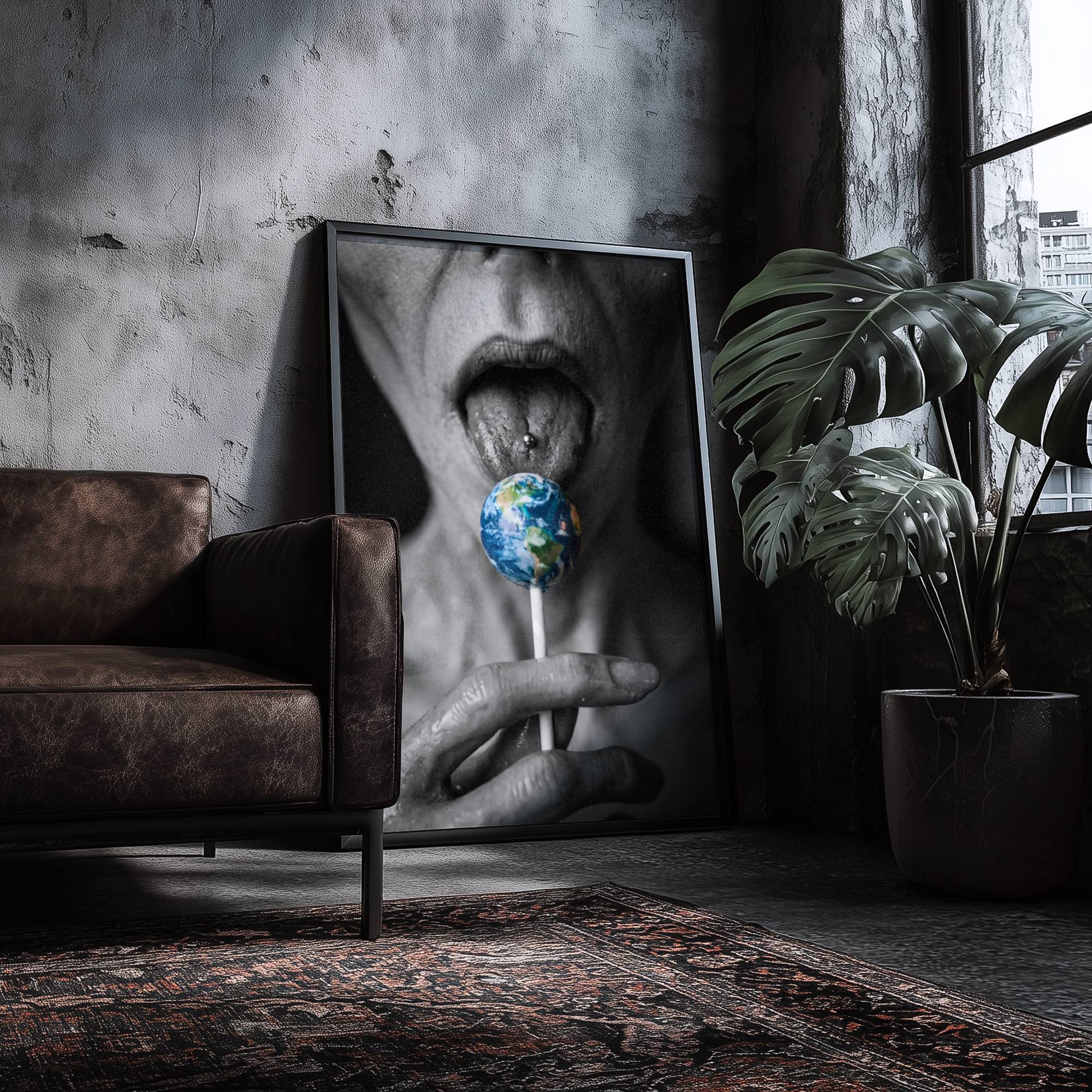 Cold and calculating grey alien savouring a planet Earth lollipop on a pierced tongue, a darkly humorous sci-fi portrait of cosmic dominance rendered in striking monochrome – unframed dark alien wall poster, ufoposter.com
