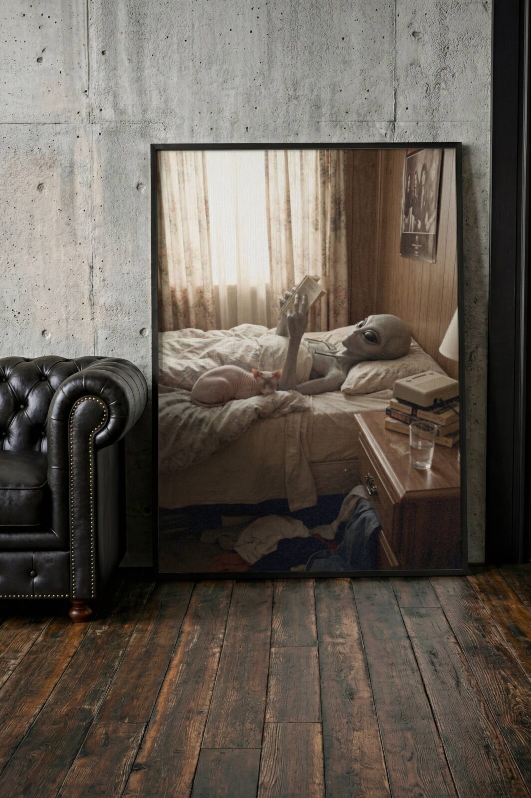 Irresistibly warm and cosy retro artwork of a grey alien completely absorbed in a book on a gloriously unmade bed, a sphynx cat tucked contentedly into the duvet beside him, VHS tapes stacked on the nightstand and floral curtains filtering soft golden afternoon light through a wood-panelled room — the most relatable alien in the universe – unframed funny alien wall poster, ufoposter.com