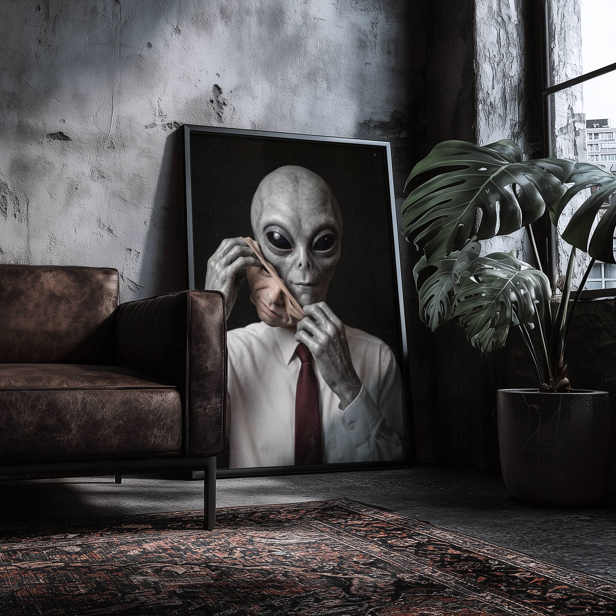 Deeply atmospheric dark portrait of a grey alien dressed in formal human attire carefully lifting a human face mask with long bony fingers, a chilling vision of alien life hiding in plain sight – unframed alien art poster, ufoposter.com