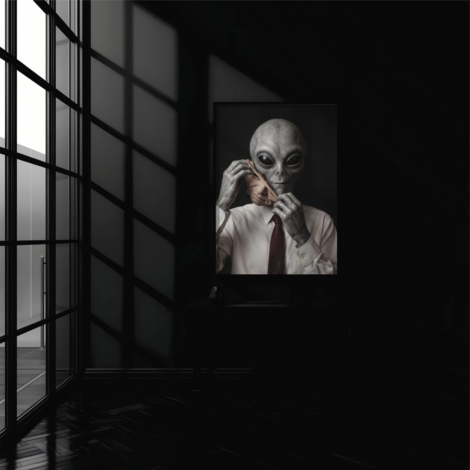 Chilling dark portrait of a grey alien in a white shirt and red tie peeling off a human face mask, revealing its true identity – unframed dark alien wall poster, ufoposter.com