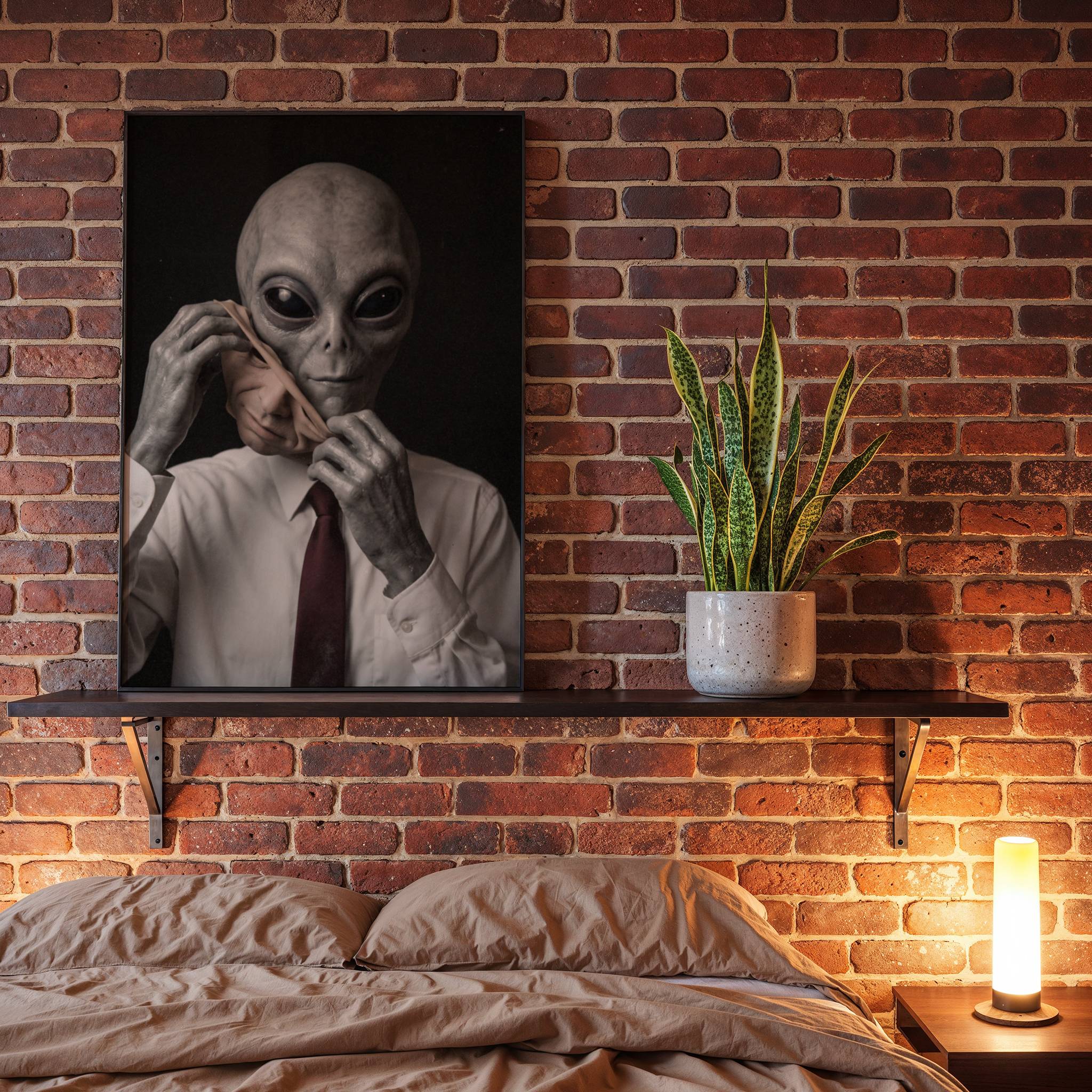 Darkly compelling portrait of a grey alien disguised in human clothing slowly revealing its real face beneath a peeled-off human mask – unframed dark sci-fi wall poster, ufoposter.com