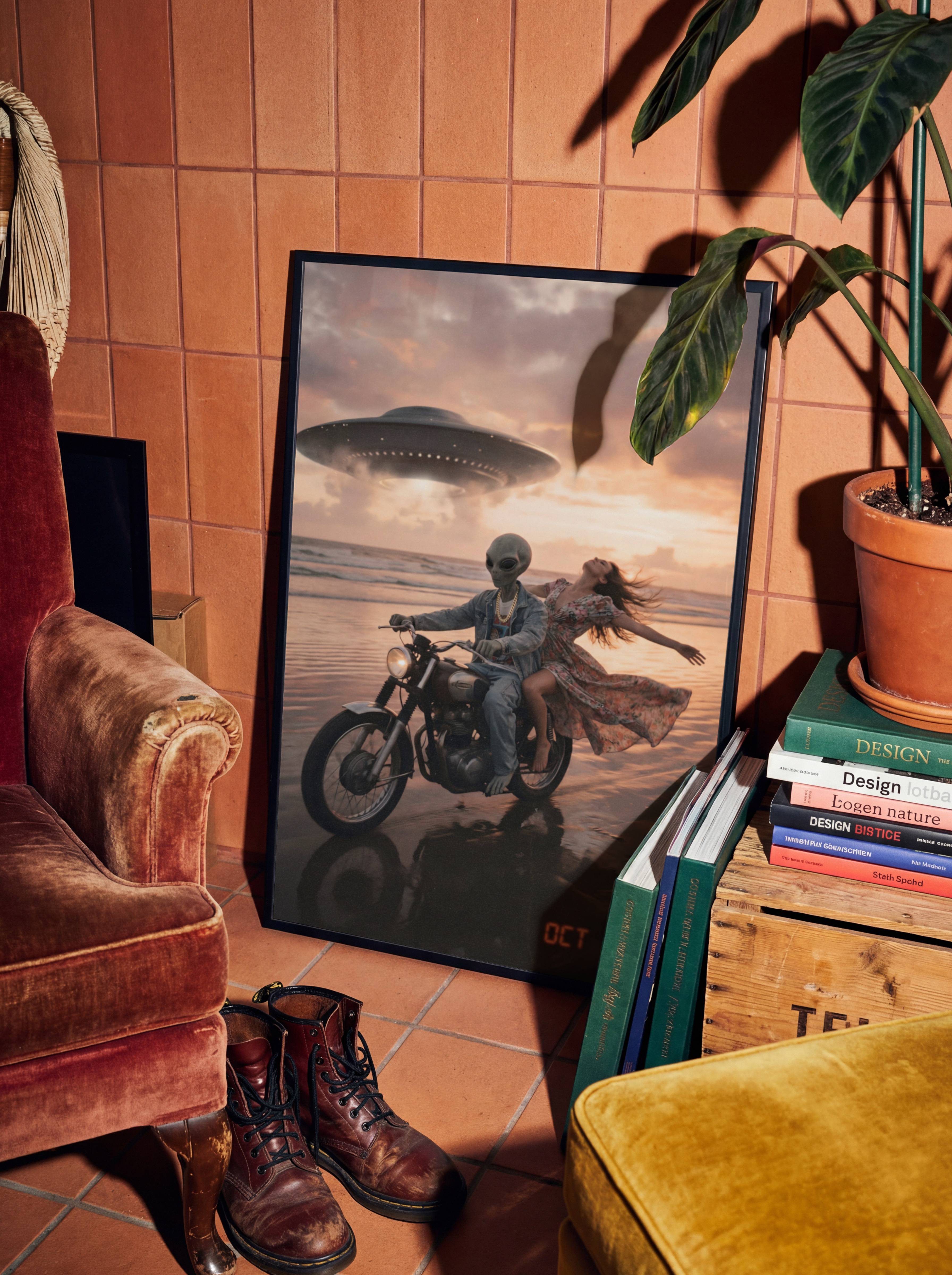 Warm sunset-toned retro artwork of a grey alien in a denim jacket and gold chain riding a vintage motorbike across a wet beach with a woman in a floral dress laughing on the back, a UFO hovering in golden clouds above – unframed retro alien wall poster, ufoposter.com