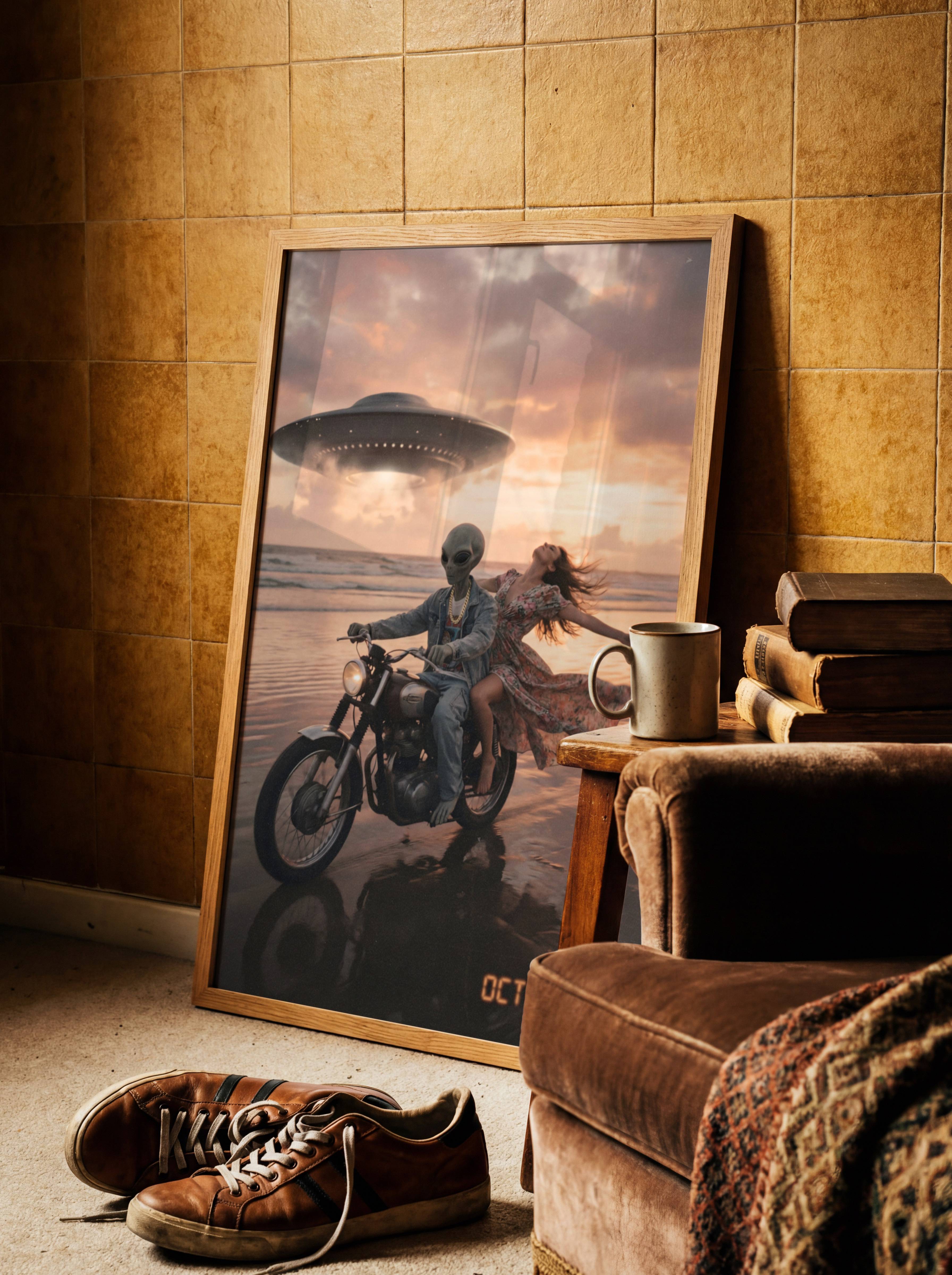 Angled retro shot of a grey alien in denim and gold chain on a vintage motorbike with a laughing woman in a floral dress on a glowing wet beach beneath a hovering UFO in a pink sunset sky – unframed retro sci-fi wall poster, ufoposter.com