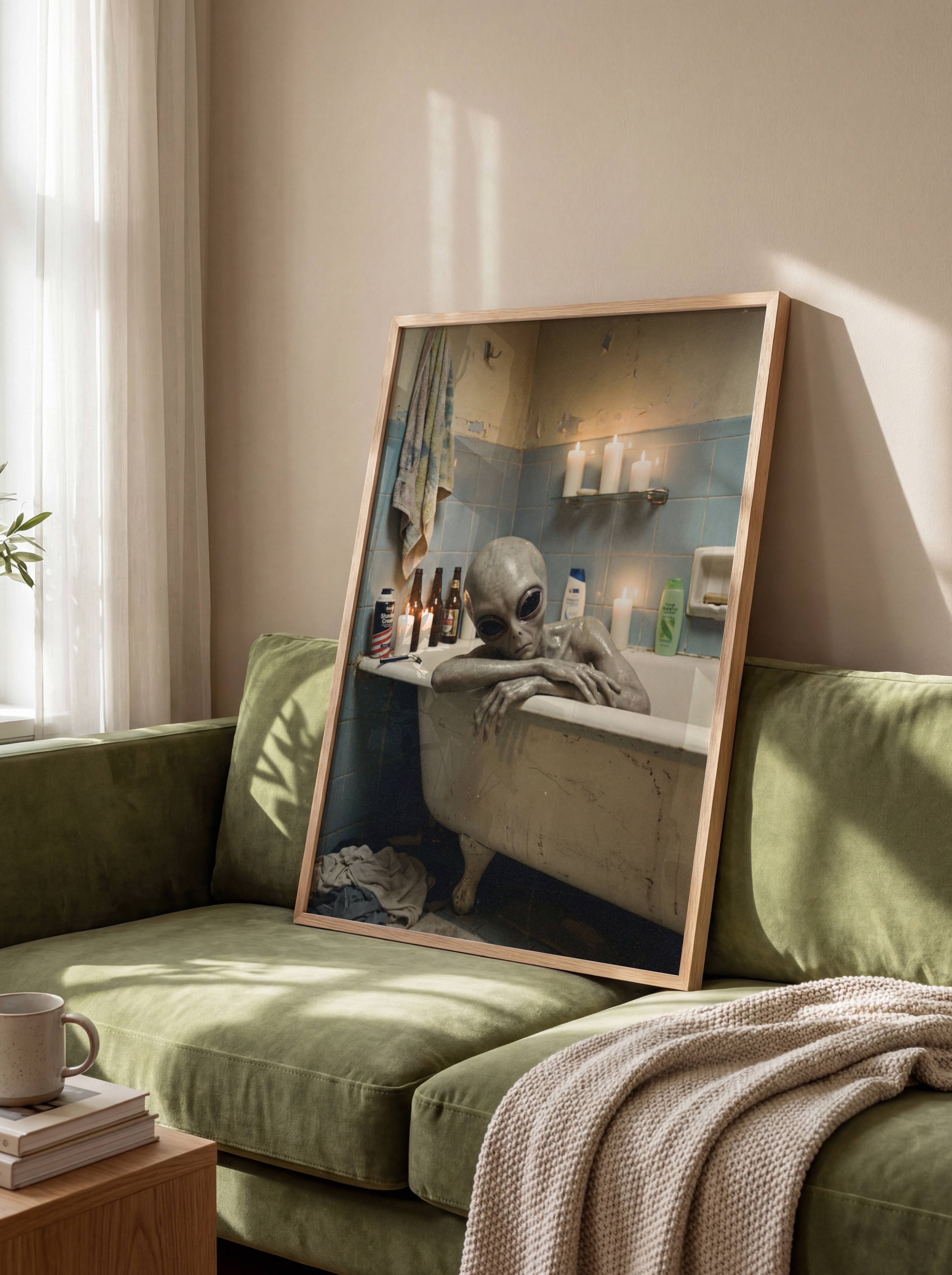 Humorous retro portrait of a tired grey alien resting its long fingers over the rim of a battered bathtub in a candlelit bathroom cluttered with beer bottles, shampoo and a razor – unframed sci-fi art poster, ufoposter.com