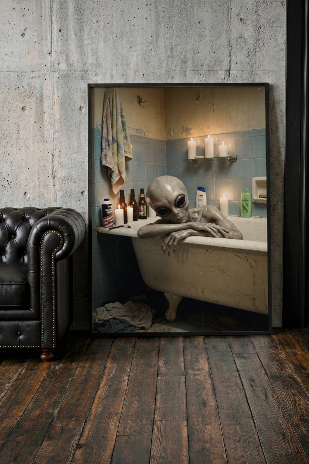 Warm candlelit retro artwork of a grey alien soaking in a worn clawfoot bathtub surrounded by beer bottles, candles, shaving cream and shampoo in a rundown tiled bathroom – unframed funny alien wall poster, ufoposter.com