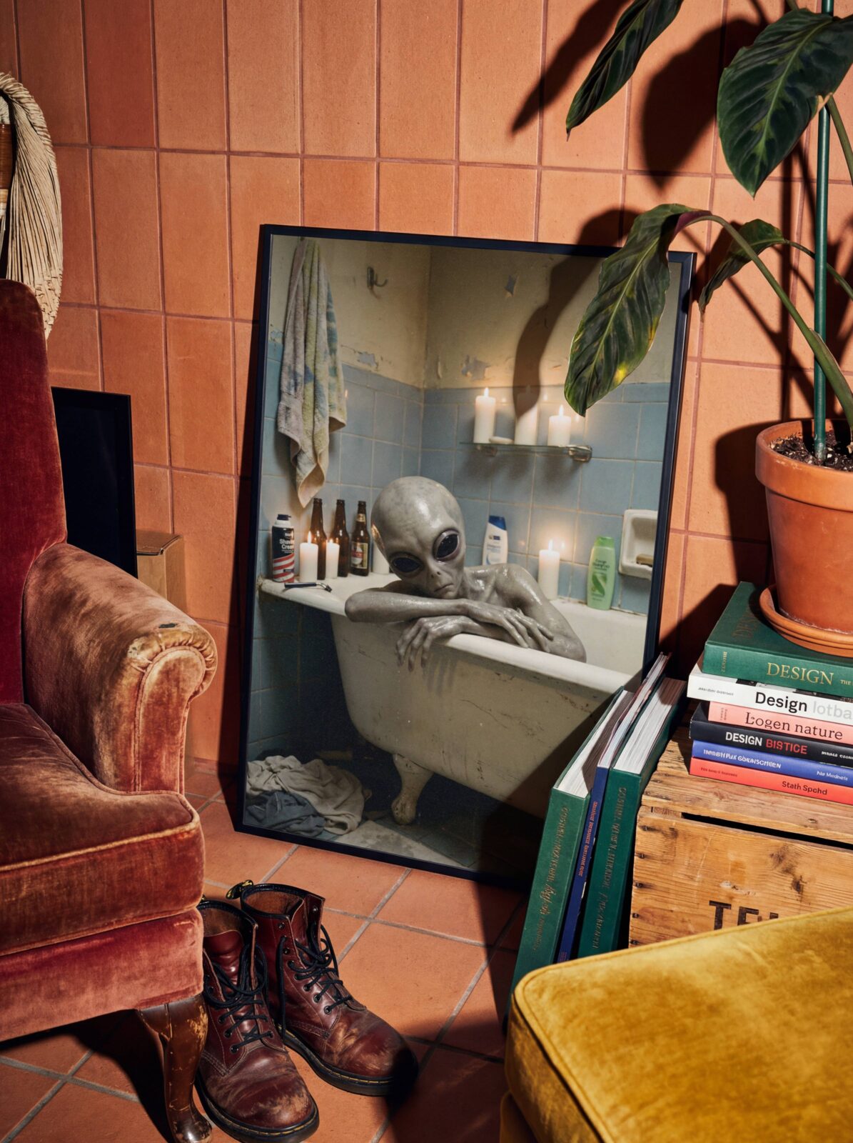 Candlelit retro portrait of an exhausted grey alien soaking in a clawfoot bathtub in a cluttered rundown bathroom — a warm, humorous and deeply relatable sci-fi art print for living room decor – unframed funny alien wall poster for living room, ufoposter.com