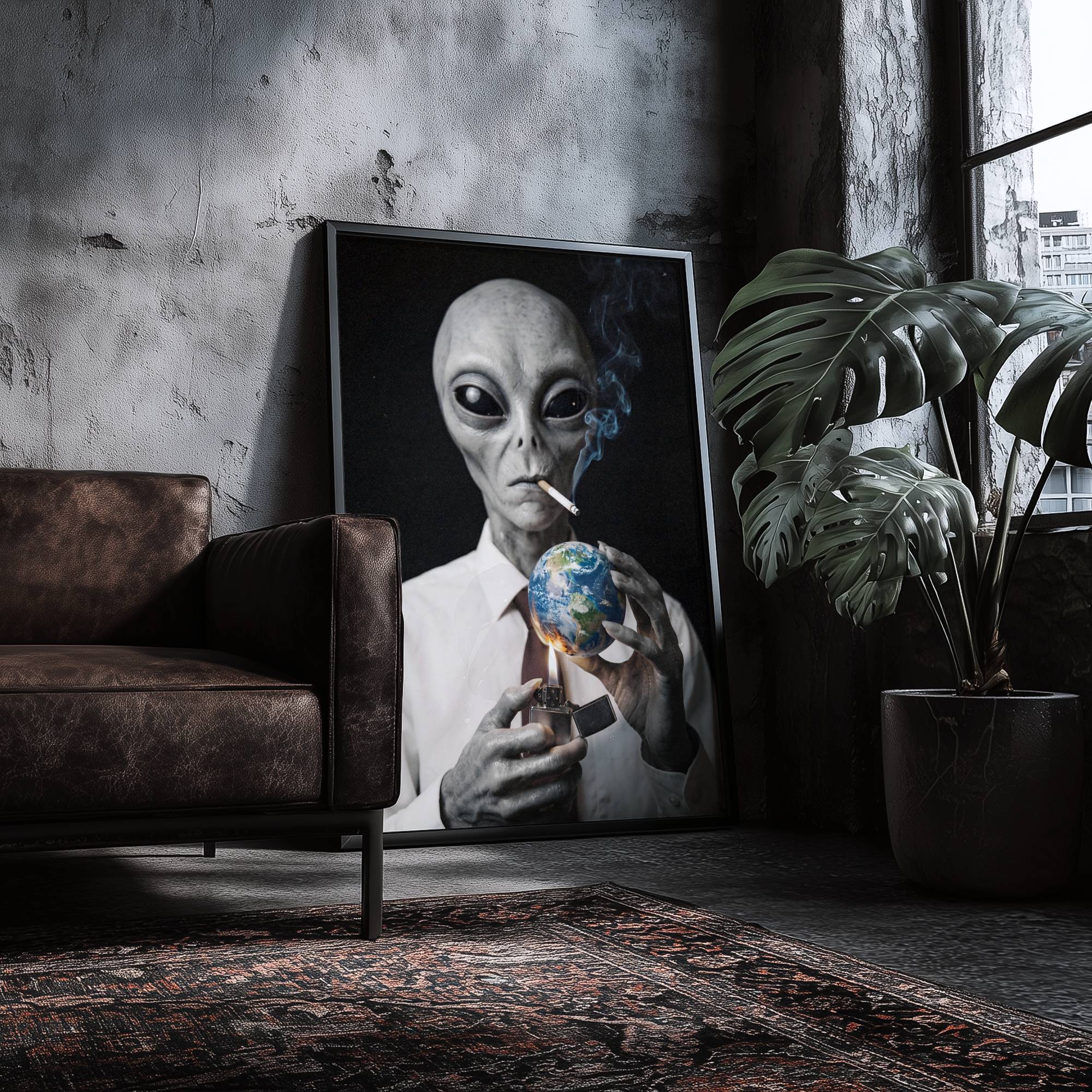 Haunting cinematic portrait of a grey alien in a white shirt and tie casually smoking while holding a burning globe in long bony fingers, a darkly satirical take on planetary destruction – unframed dark sci-fi art poster, ufoposter.com