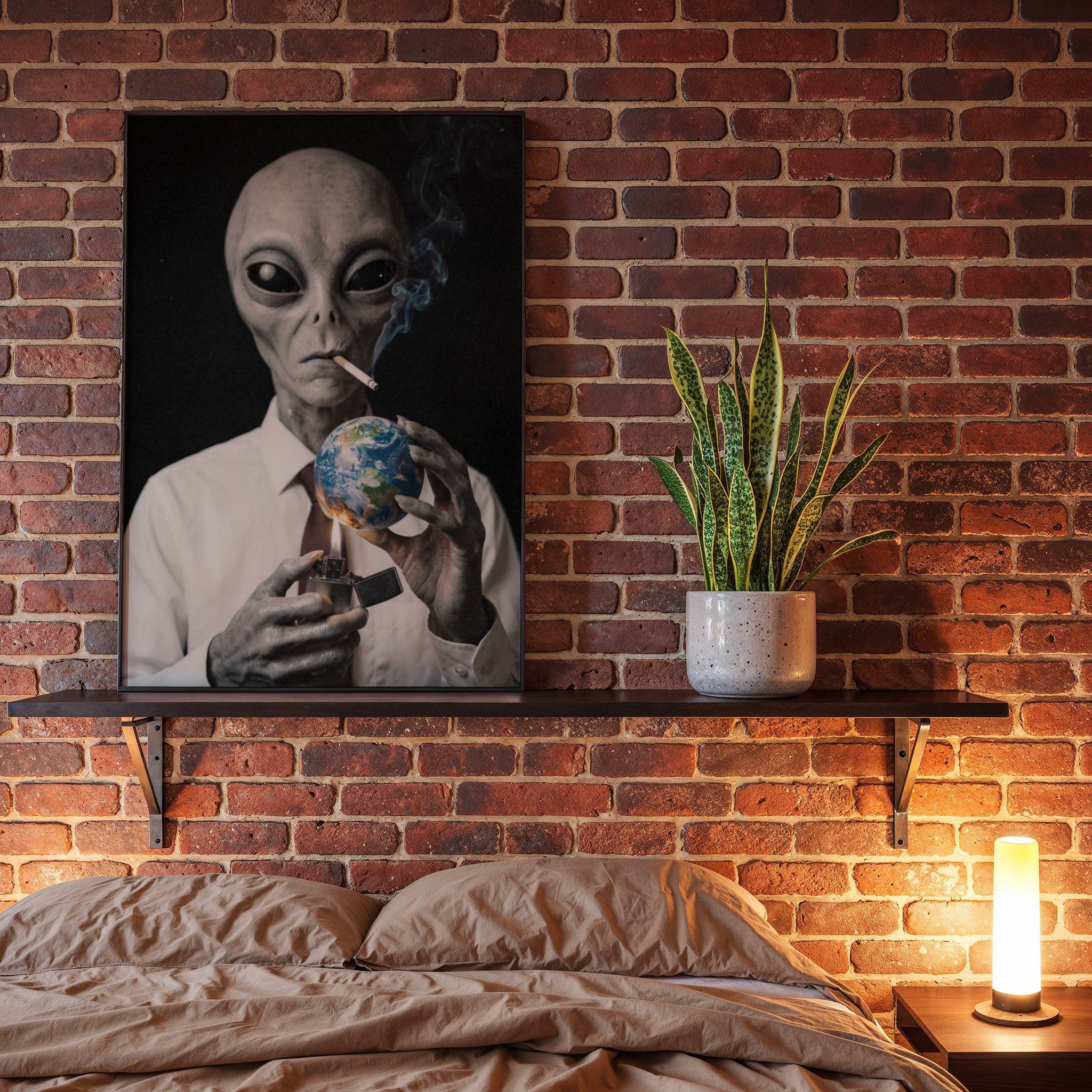 Darkly compelling portrait of a suited grey alien coolly smoking a cigarette while setting planet Earth ablaze with a zippo lighter, a chilling sci-fi statement on cosmic indifference and planetary destruction – unframed dark alien wall poster, ufoposter.com