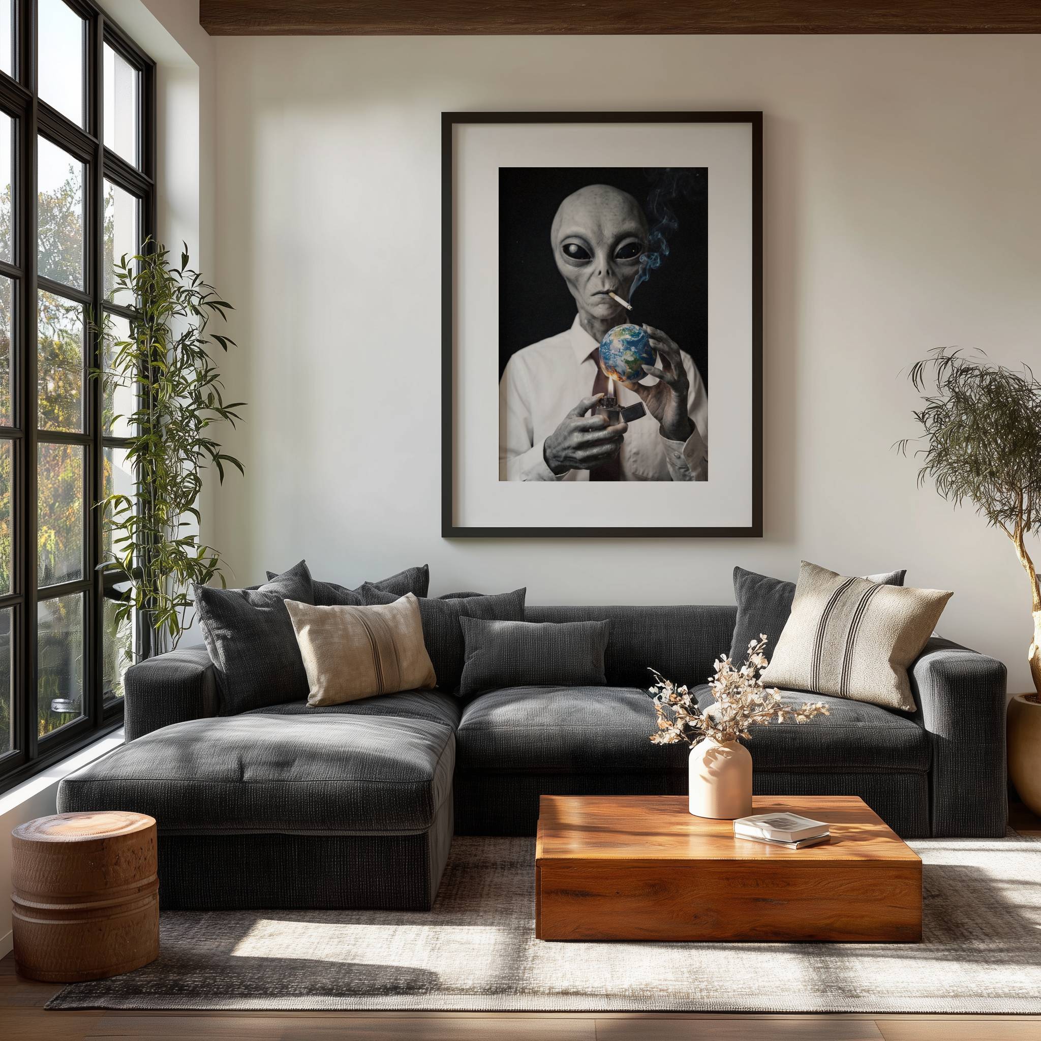 Deeply compelling dark portrait of a grey alien dressed in a business shirt and tie coolly smoking while burning planet Earth with a lighter, a chilling sci-fi statement on indifference and destruction – unframed dark sci-fi wall poster, ufoposter.com