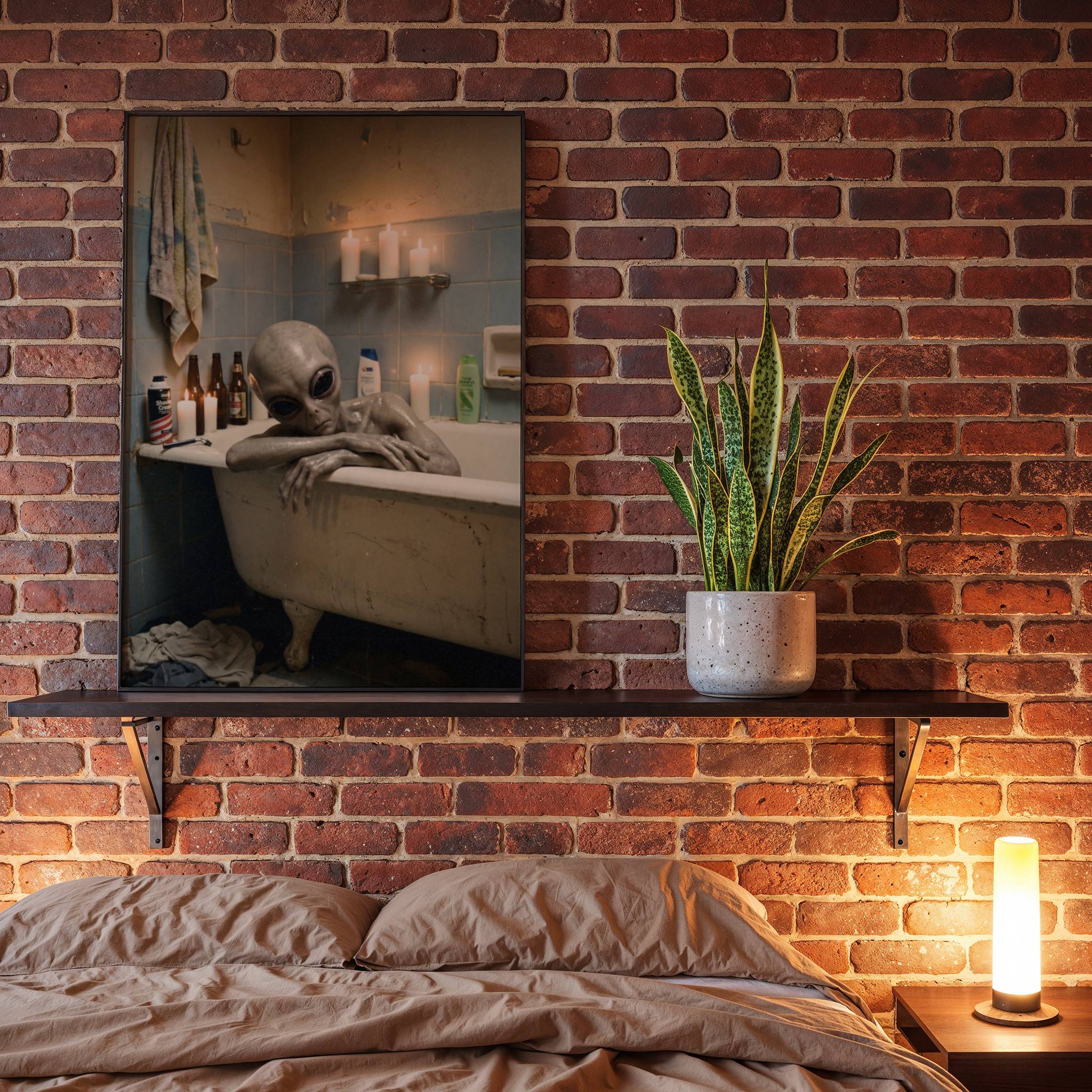 Warm candlelit retro portrait of a weary grey alien draped over the rim of a battered clawfoot bathtub surrounded by beer bottles, flickering candles and scattered toiletries in a rundown tiled bathroom — a quirky, humorous and deeply charming sci-fi art print perfect for bedroom decor – unframed funny alien wall poster for bedroom, ufoposter.com