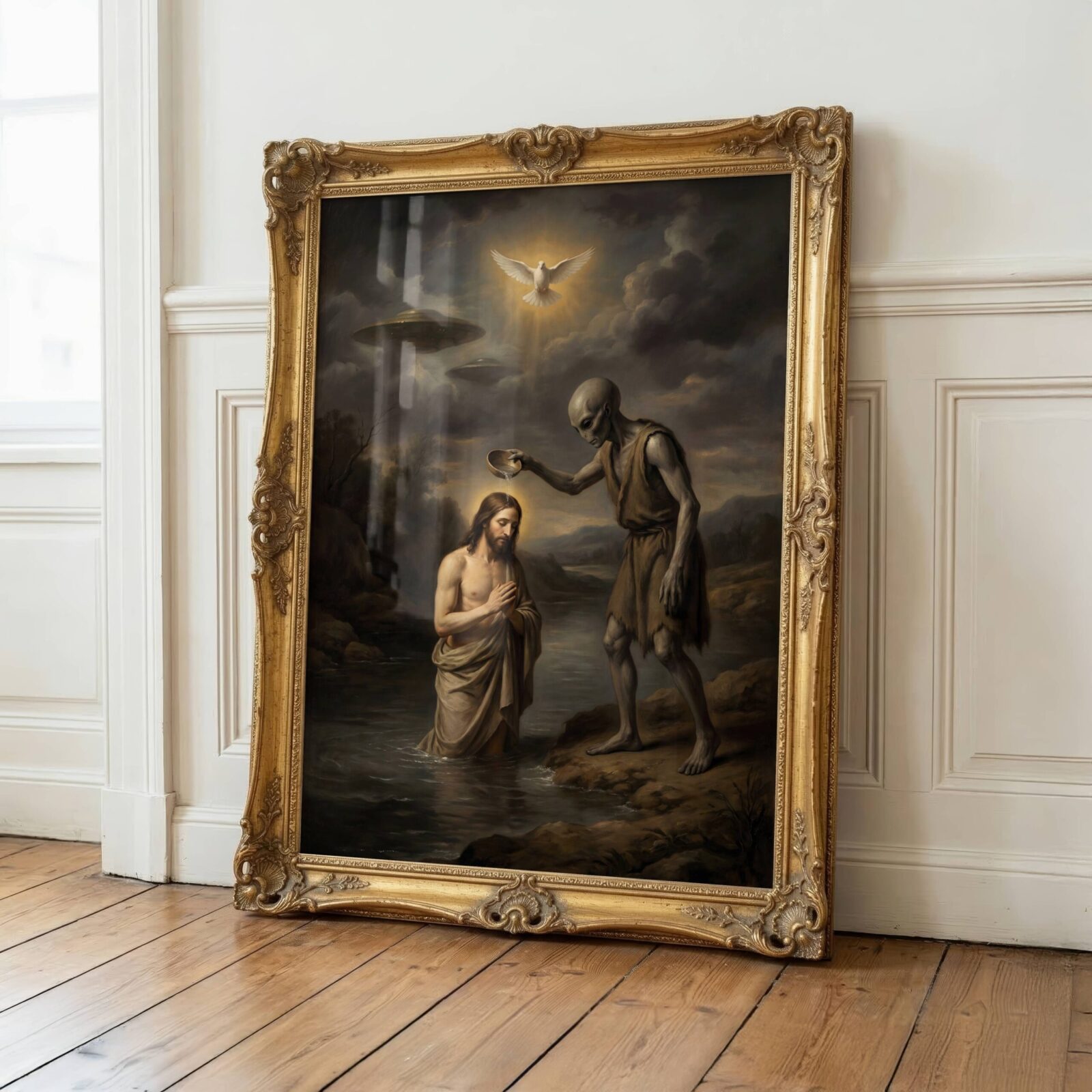 biblical UFO art print — dark renaissance Baptism of Christ with alien figure and UFO