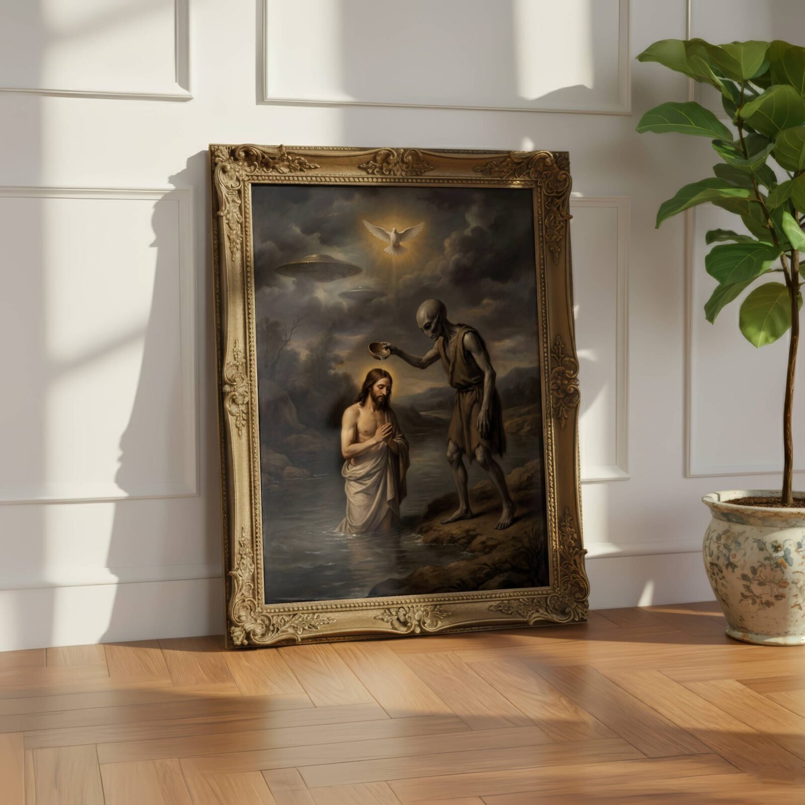 Ancient alien art print — renaissance Baptism of Christ with grey alien and UFO behind stormy clouds
