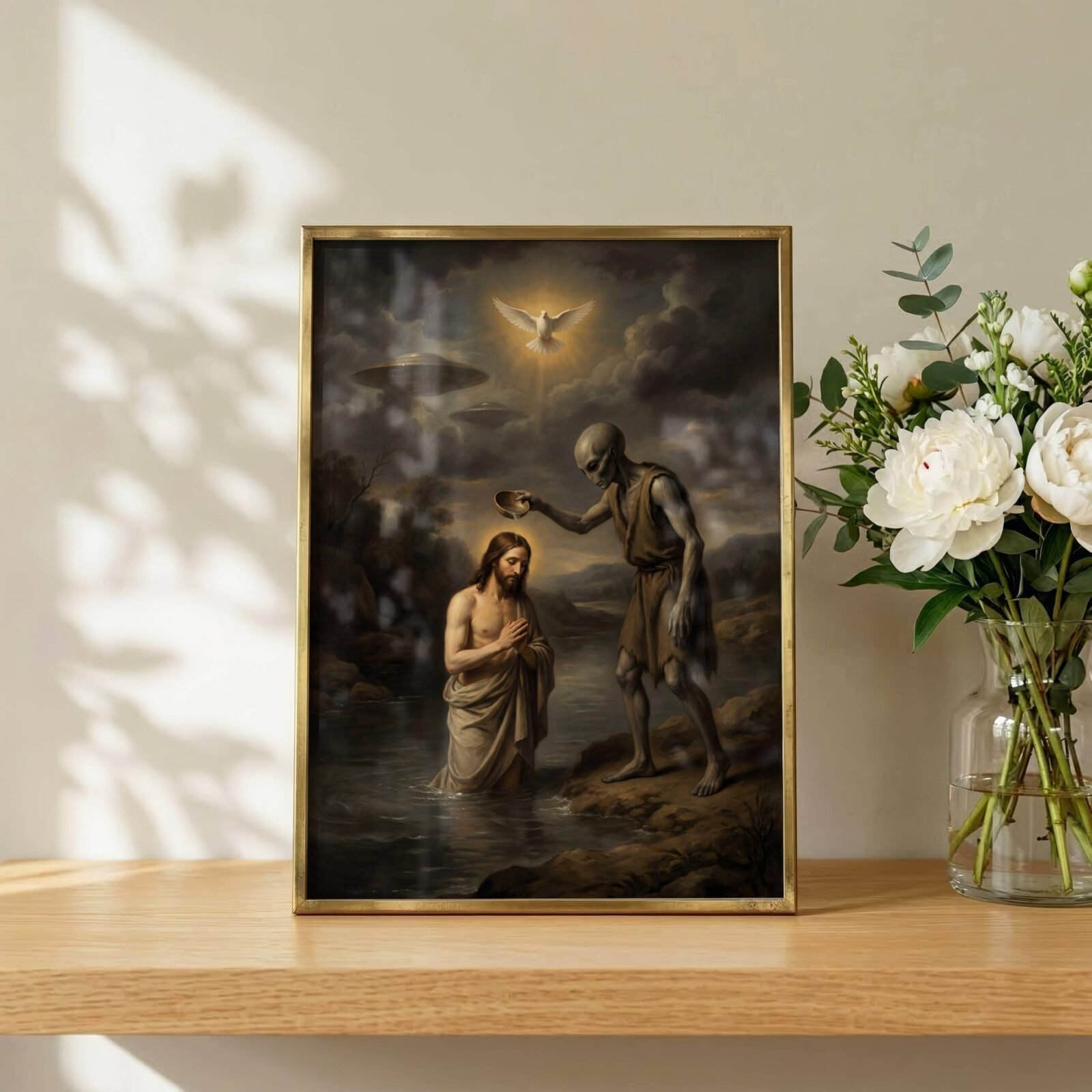 Surreal religious art print — alien baptising Jesus in river with white dove and UFO in dark sky